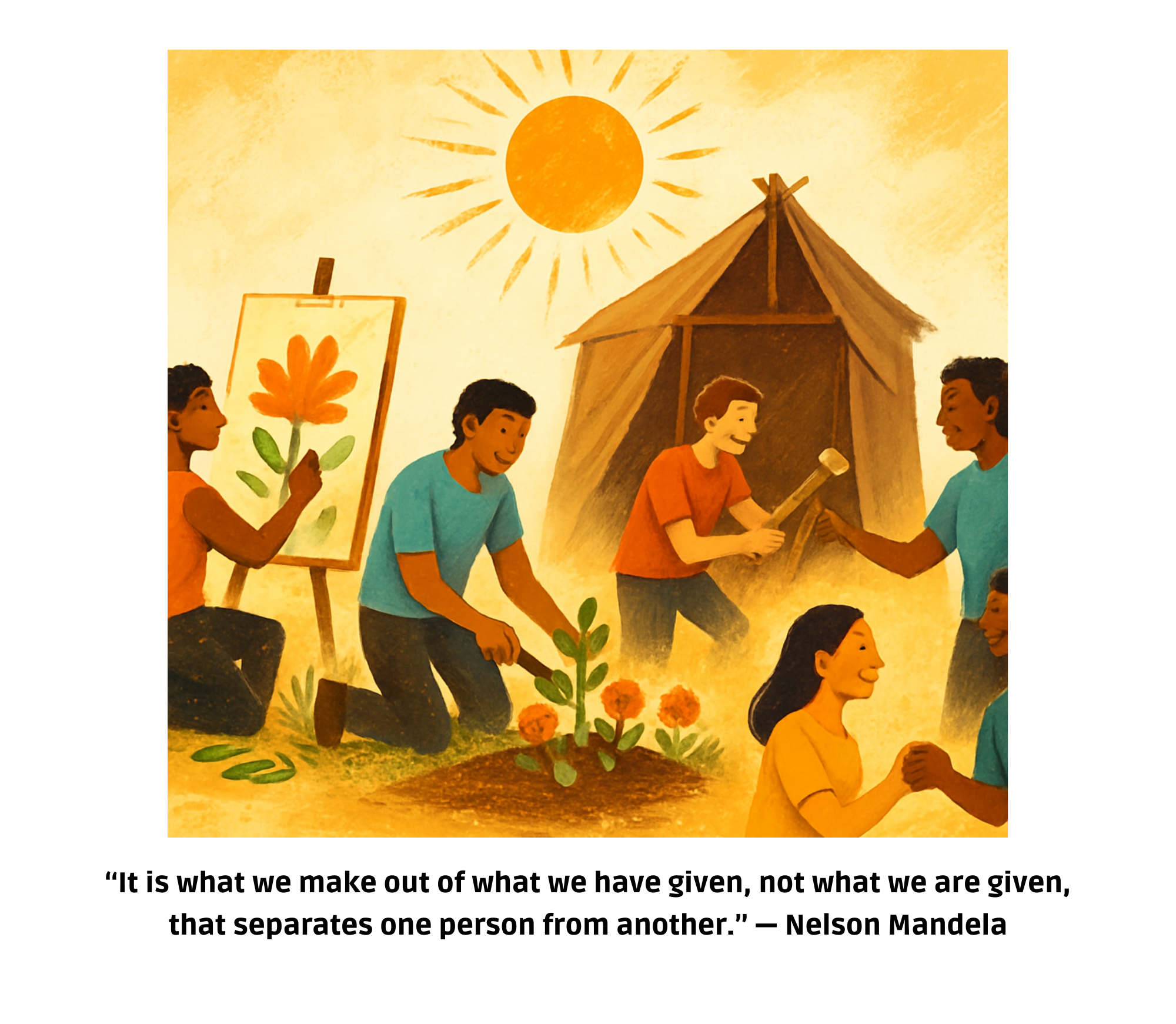 Illustration of diverse people planting a tree, painting, and sharing a handshake outdoors with a sun shining brightly in the sky. A quote by Nelson Mandela is at the bottom.