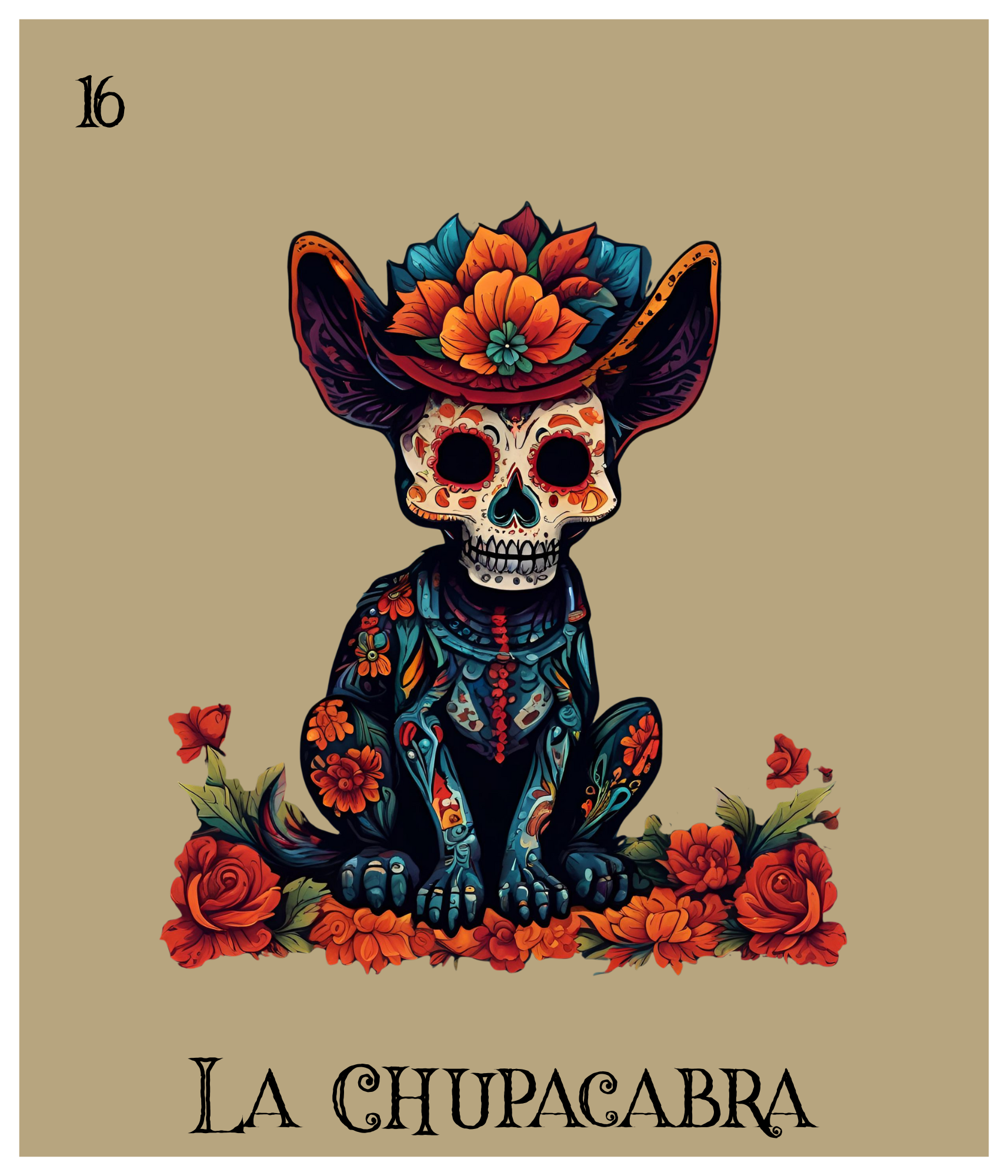 Colorful illustration of a chihuahua dog with Día de los Muertos themed skeleton face paint, wearing a decorated sombrero with flowers, sitting amidst orange and red flowers.