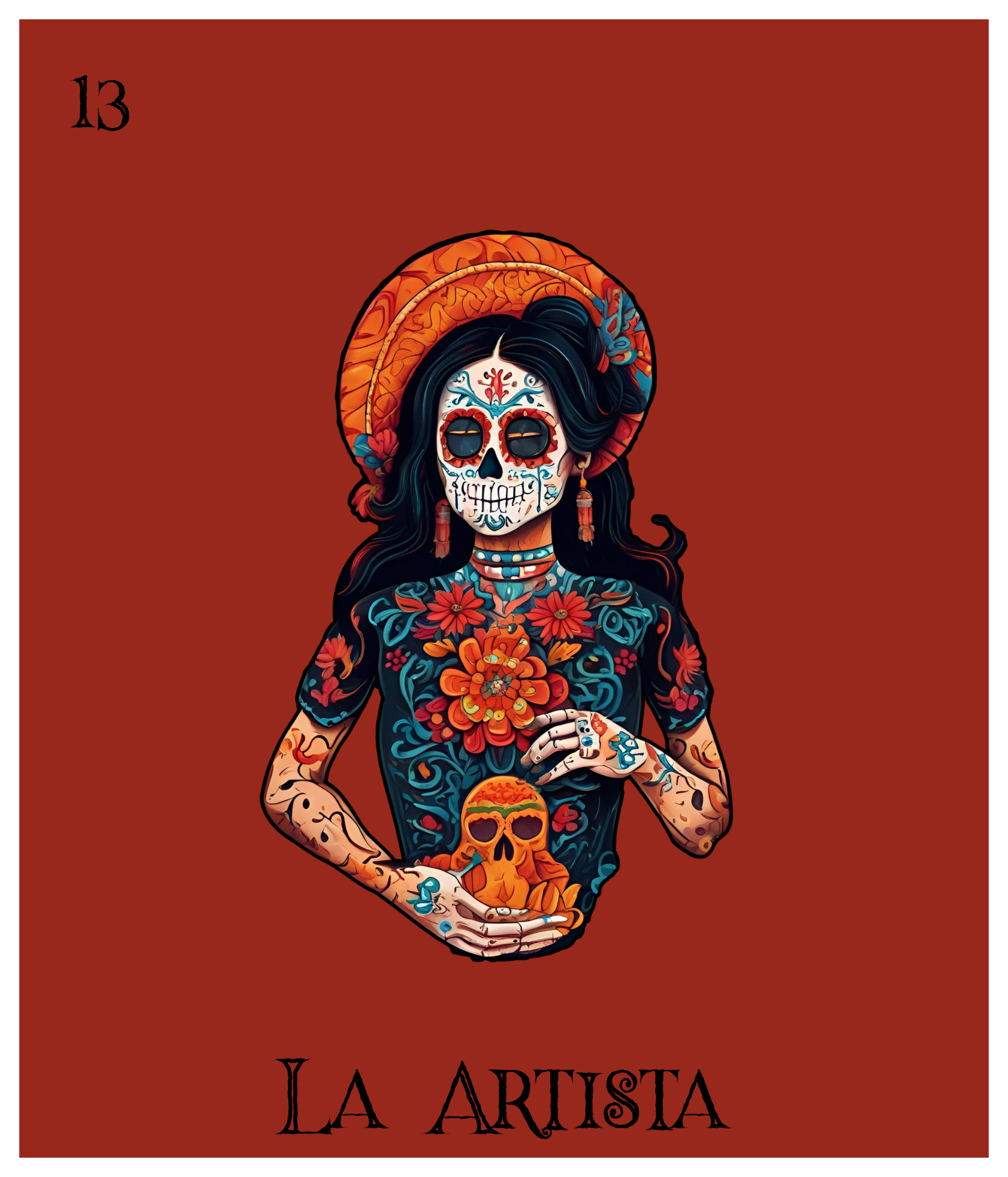 Artwork of a woman with a painted sugar skull face, wearing a wide-brimmed hat, surrounded by colorful floral tattoos, holding a small skull, with 'La Artista' written beneath.