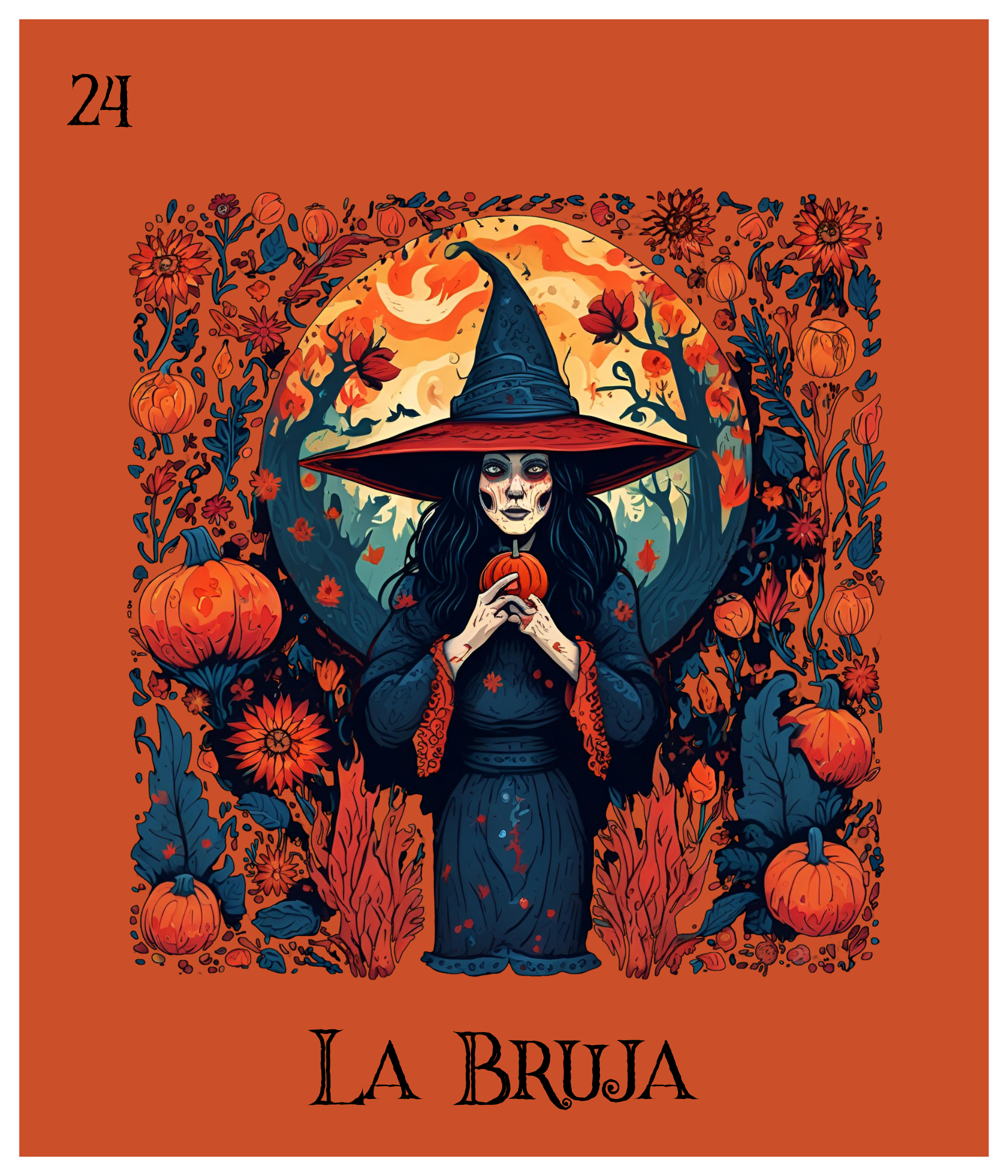 A digital illustration of a witch with dark hair and face paint, holding a small pumpkin, standing in front of a glowing full moon with a spooky forest background filled with pumpkins, flowers, and bats. The image has a color scheme of orange, black,
