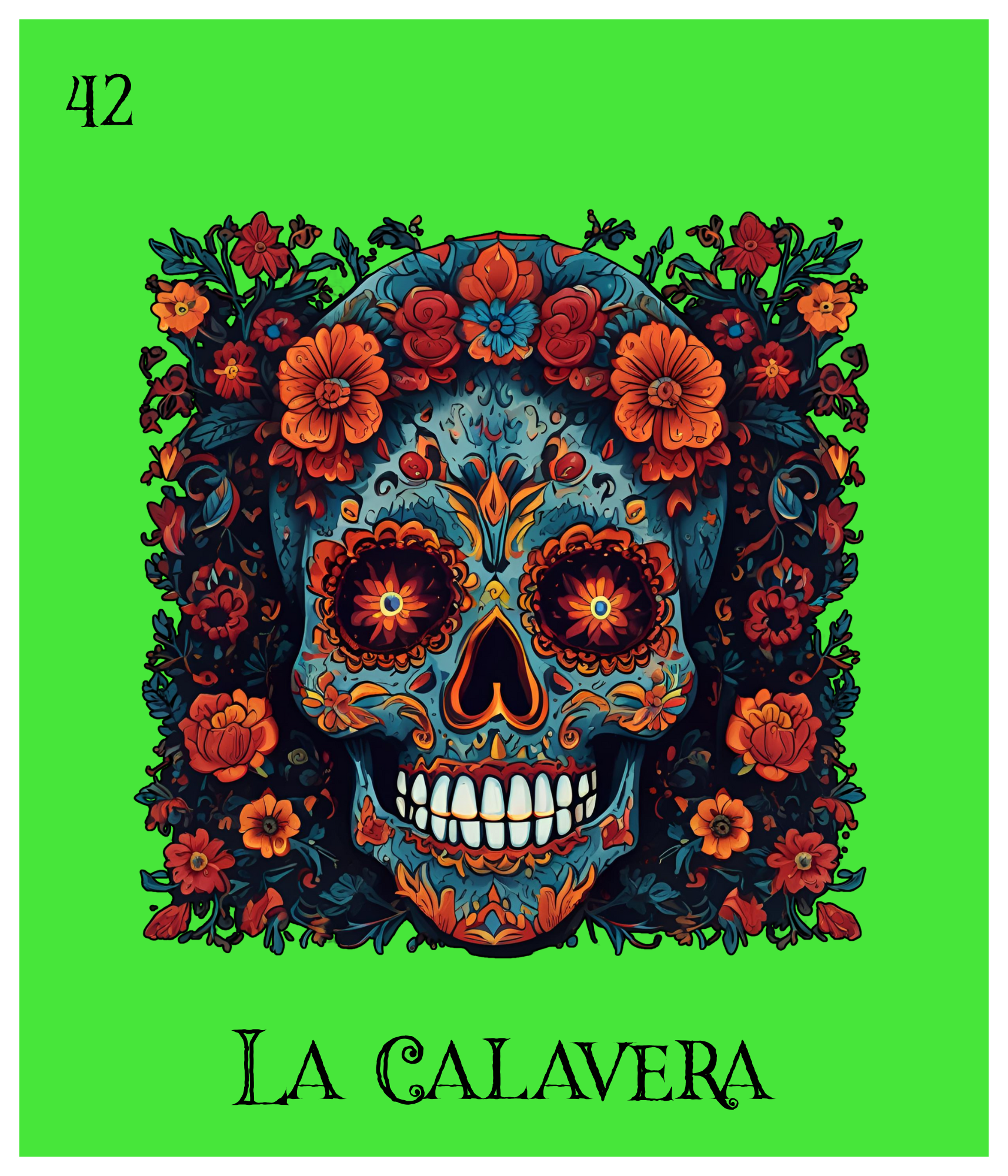 Colorful stylized skull surrounded by orange and red flowers with green background, titled "La Calavera".