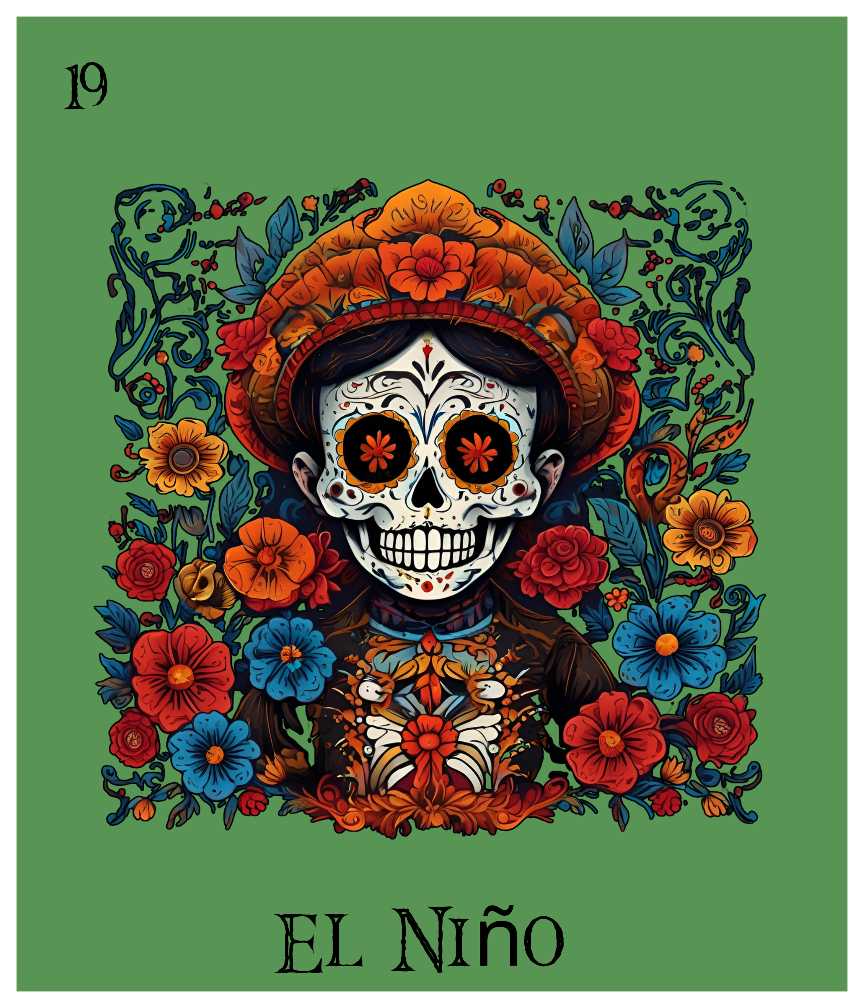 Colorful Day of the Dead style illustration featuring a decorated skull with floral patterns and surrounded by vibrant flowers, with the text 'El Niño' at the bottom.