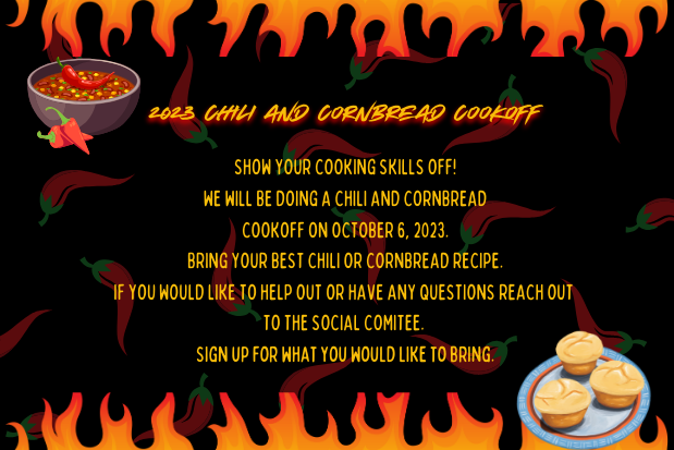 Event announcement for the 2023 Chili and Cornbread Cookoff with flames and chili peppers background, featuring an image of a chili bowl and cornbread muffins.