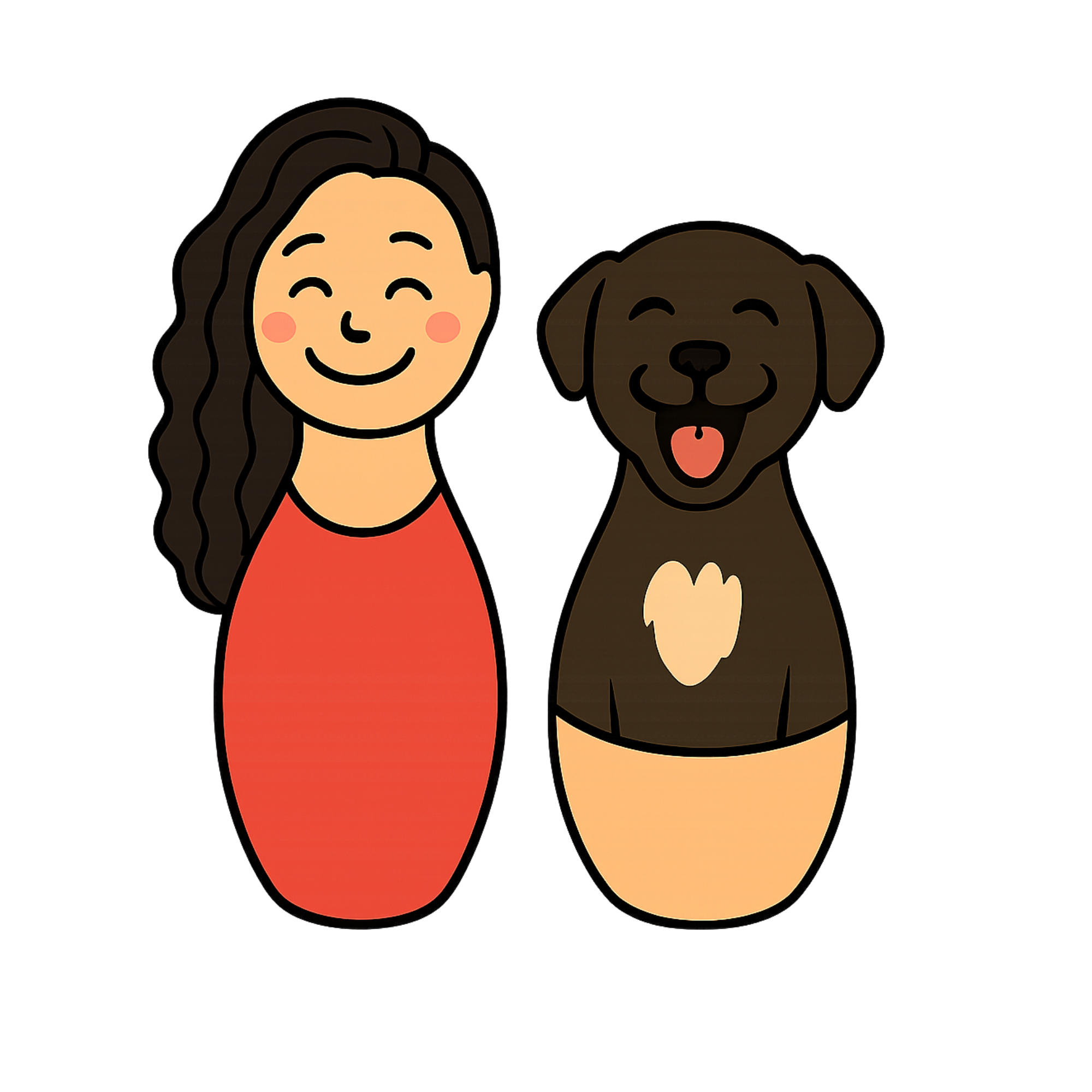 Illustration of a woman with long wavy hair and a dog with a black coat, both smiling and standing next to each other.