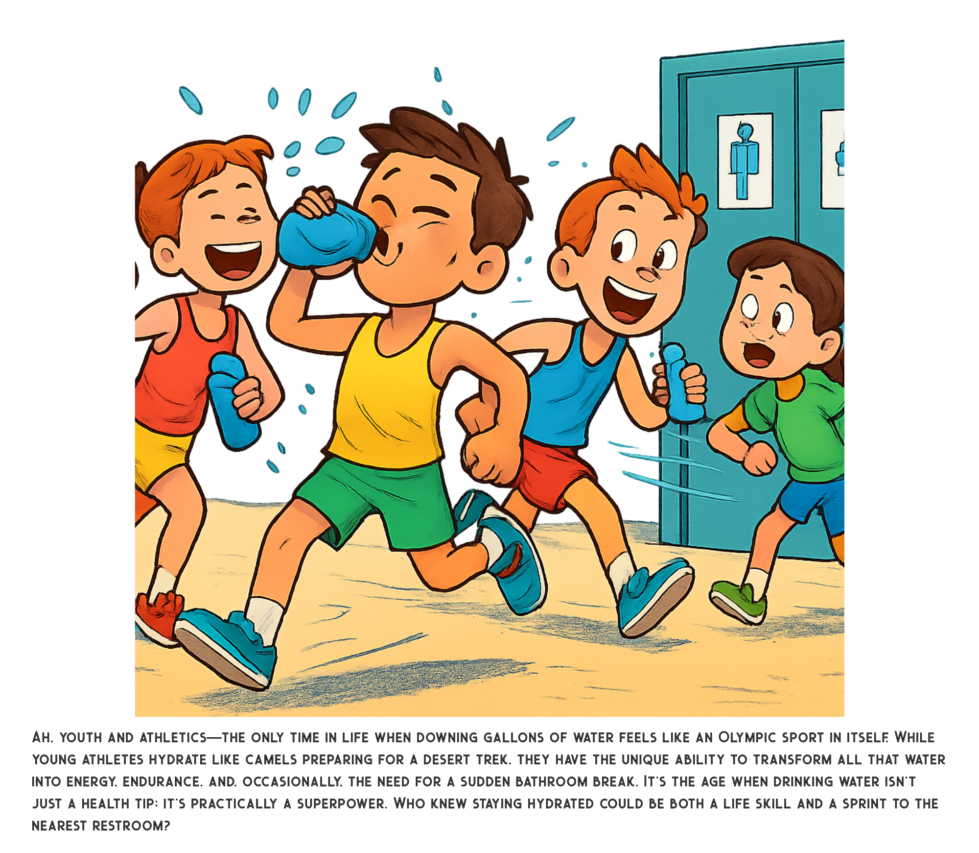 Four kids in colorful athletic clothes running and drinking water from bottles inside a gym or locker room, with blue lockers in the background.