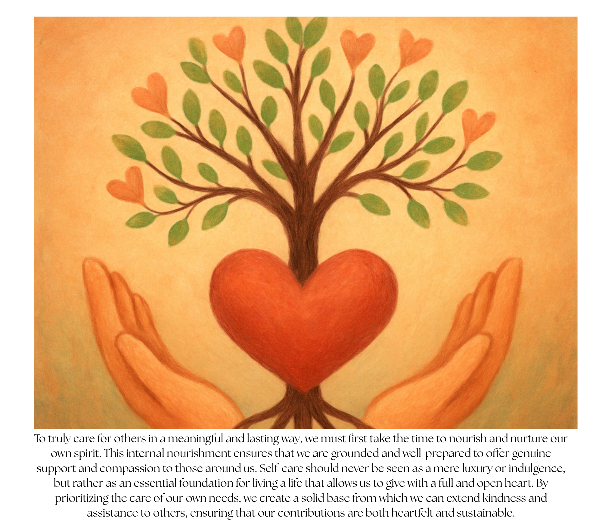 Artwork of a pair of hands holding a heart-shaped tree with green leaves and peach-colored hearts on the branches.