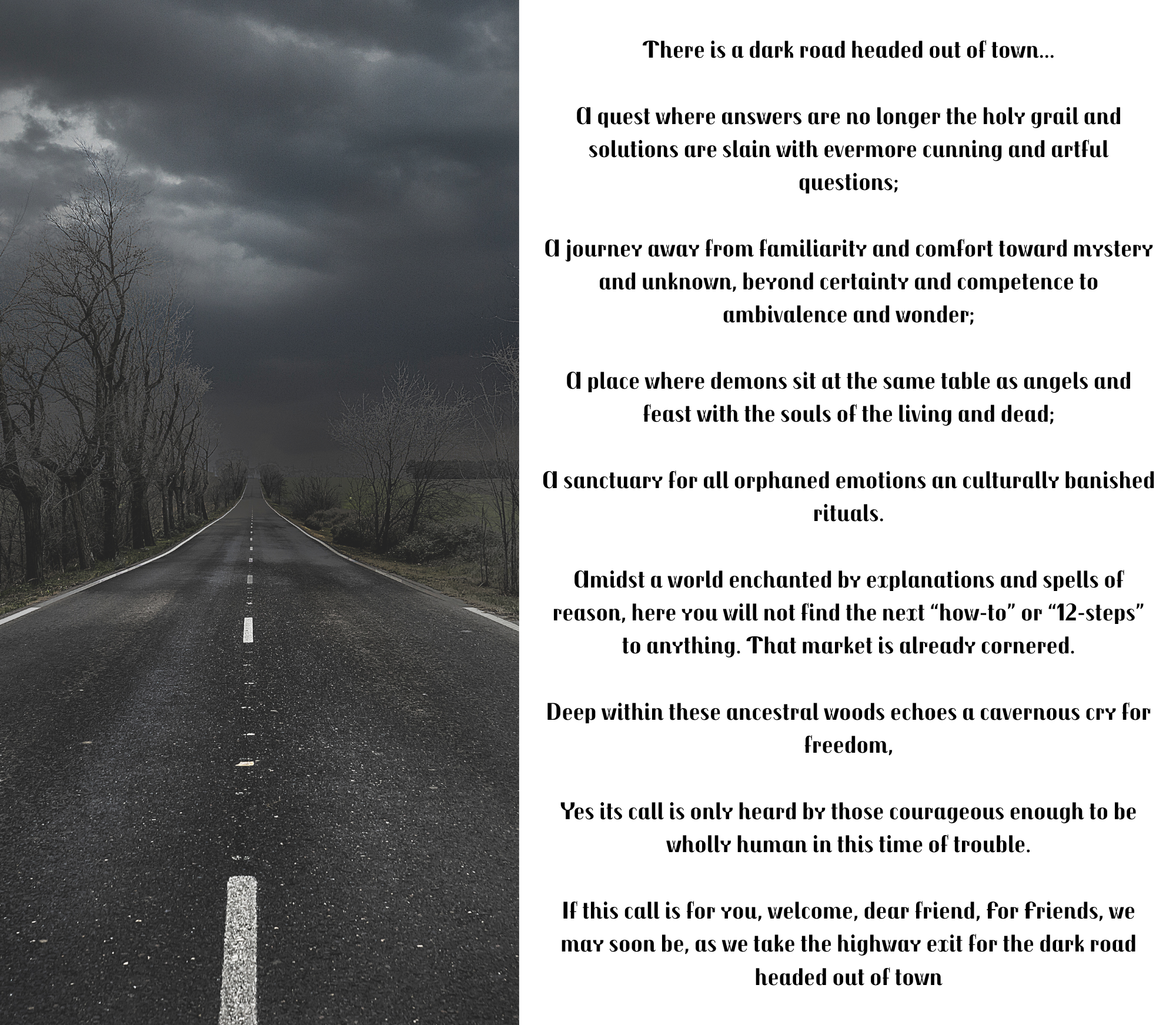 A dark, deserted road stretching into the distance under a cloudy sky, flanked by leafless trees on either side.