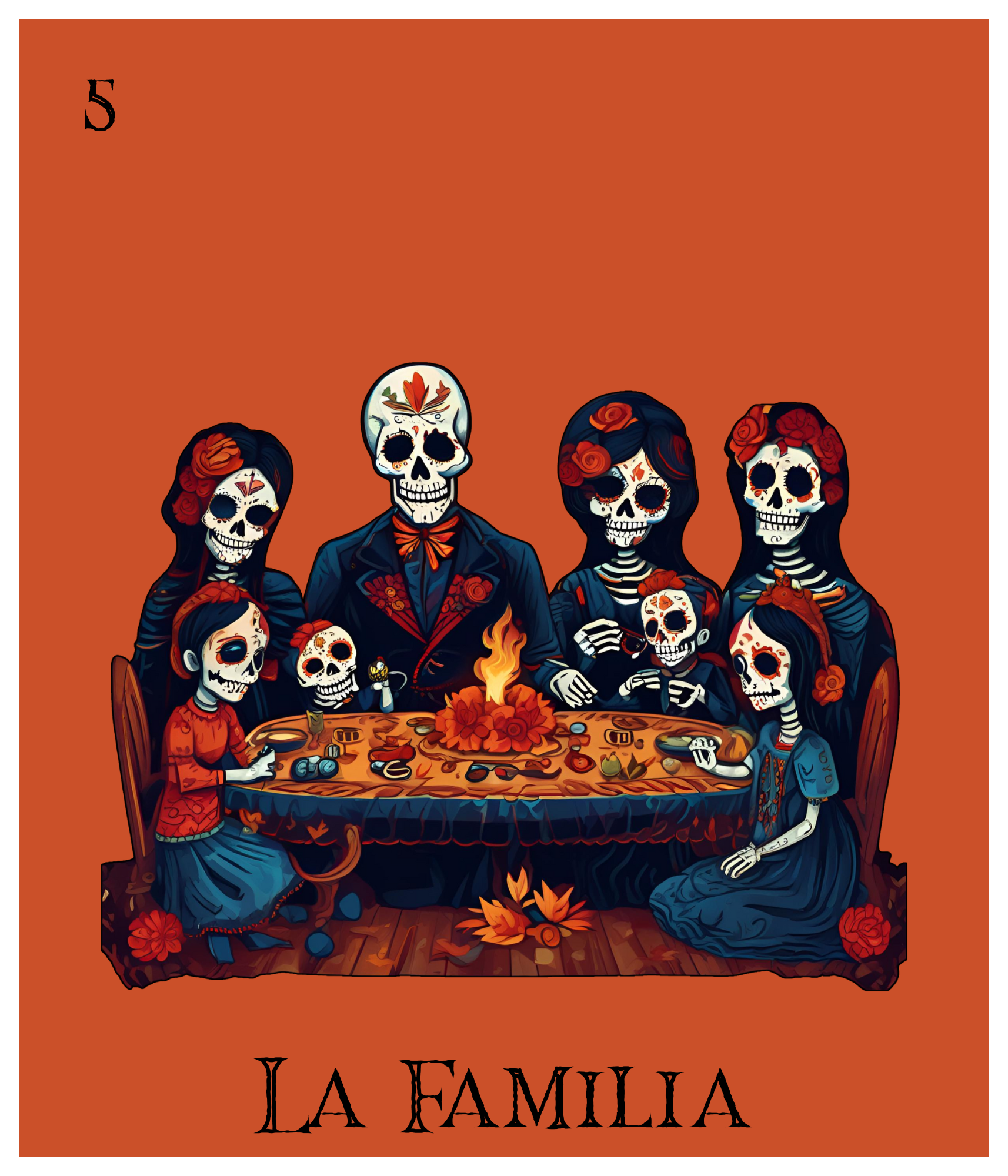 The image shows a family with skull face paint or skull masks, sitting around a table with a fire and decorated with flowers. The background is orange. The text "La Familia" is written at the bottom.