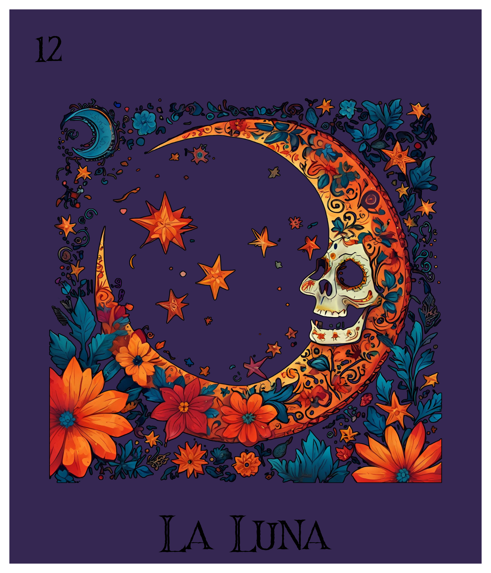 Illustration of a crescent moon with a skull inside, surrounded by colorful flowers and stars on a dark purple background. The top left corner has the number 12, and the bottom shows the text 'LA LUNA'.