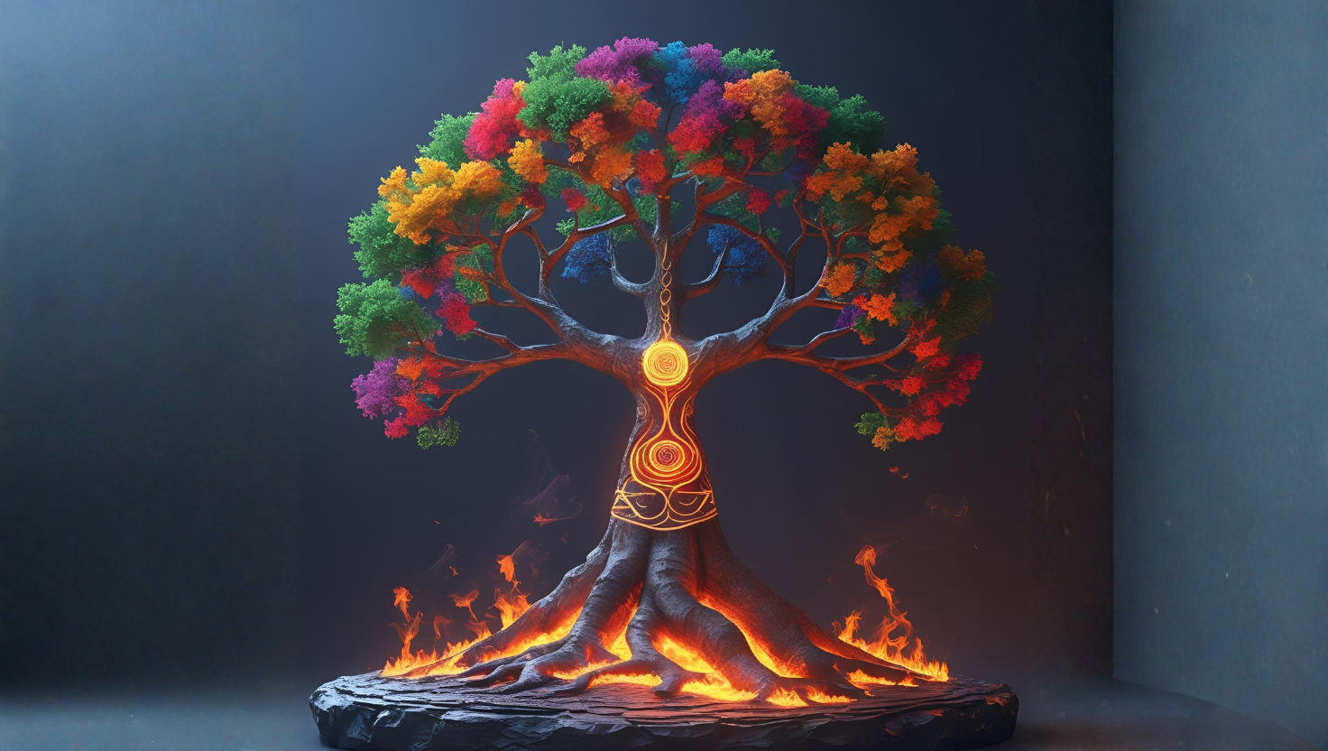A colorful tree with rainbow leaves on a dark background, with glowing roots and spiritual symbols, surrounded by flames.
