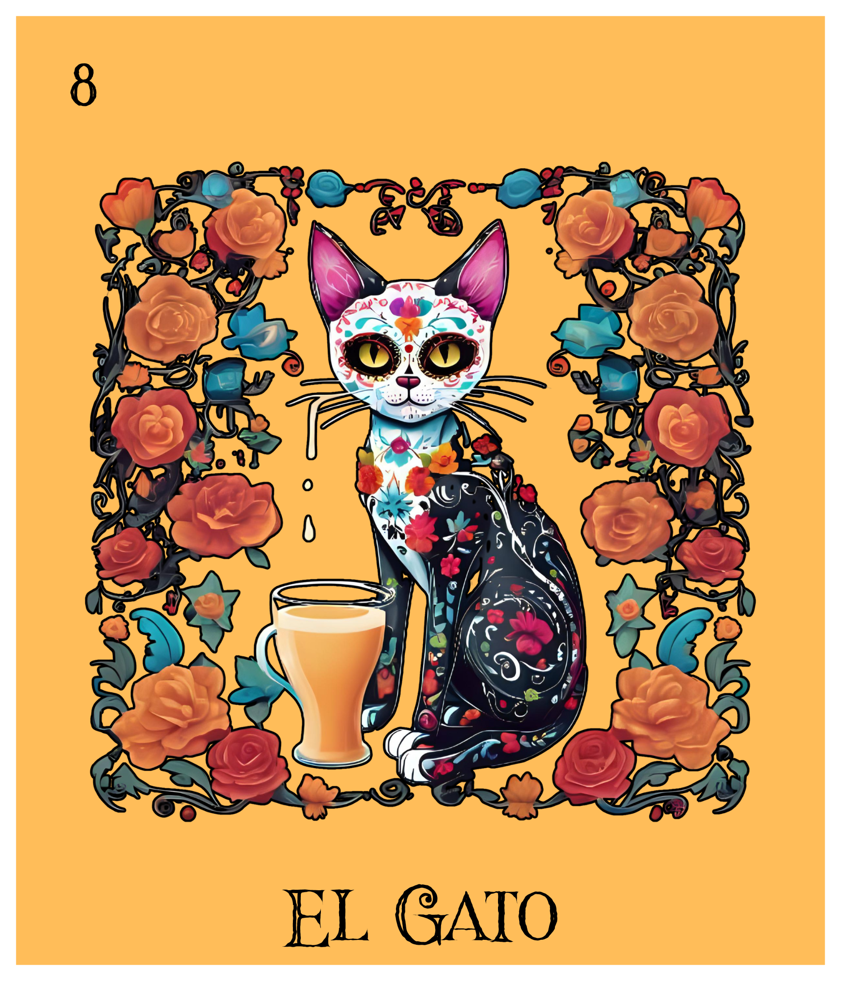 Colorful illustration of a decorated cat with a coffee mug on an orange background, surrounded by a floral border, with 'El Gato' written at the bottom.