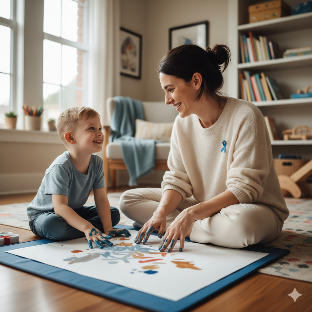 Child on the autism spectrum engaging in play with a therapist, focusing on relational and developmental interaction.