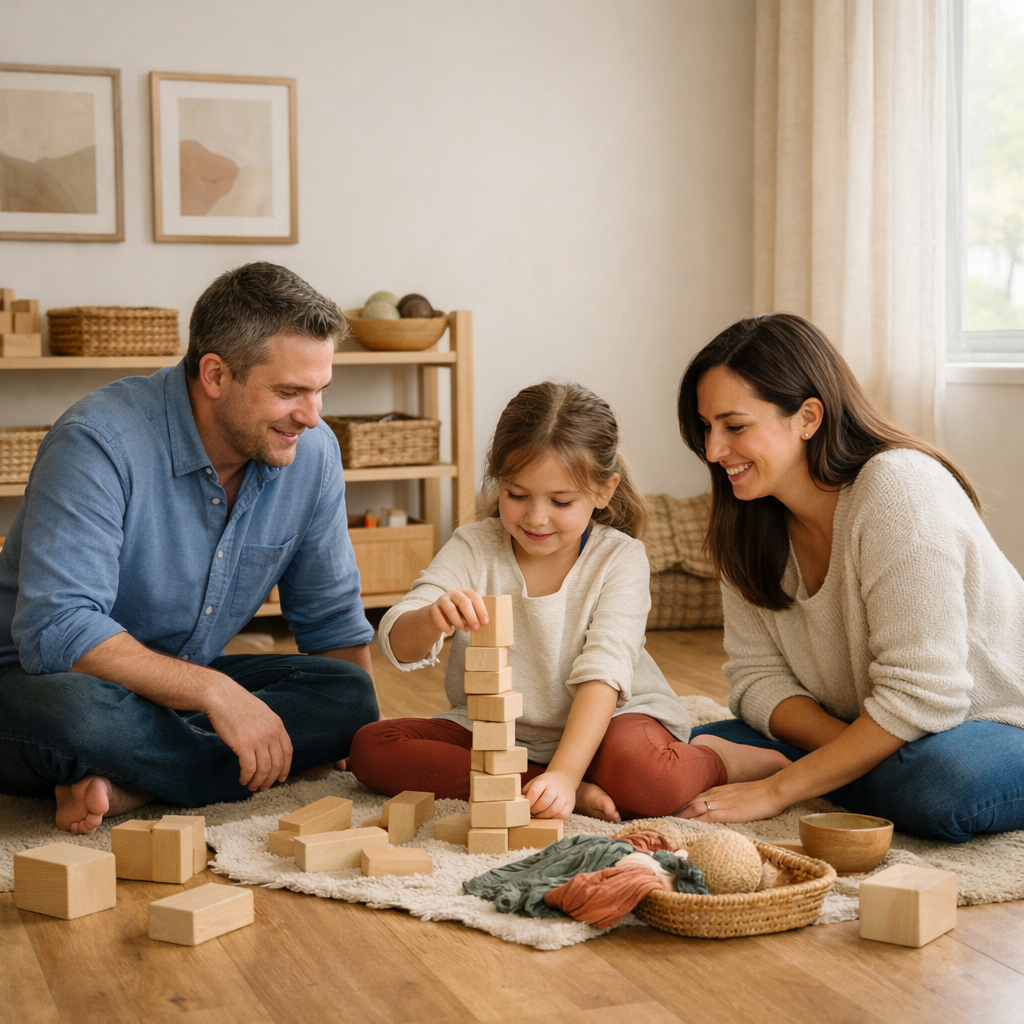 A mother, father, and young daughter sit together on a light-colored rug in a warm, softly lit room. The child is stacking wooden blocks into a tall tower while both parents lean in close, watching attentively and smiling.