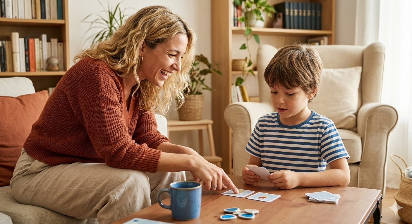 A smiling woman playing a card game with a young boy at a wooden table in a cozy living room.