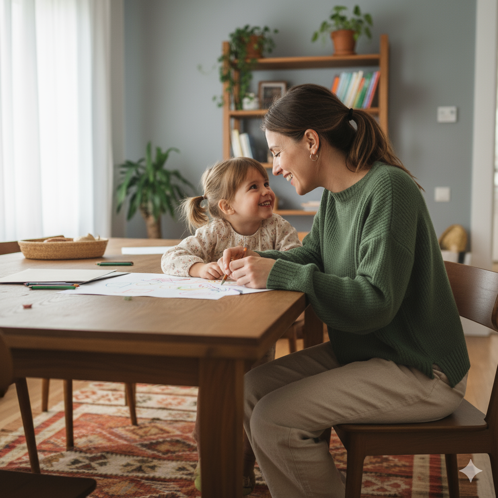 A woman and a young girl sitting at a table, smiling and enjoying each other's company, with drawings and colored pencils on the table.