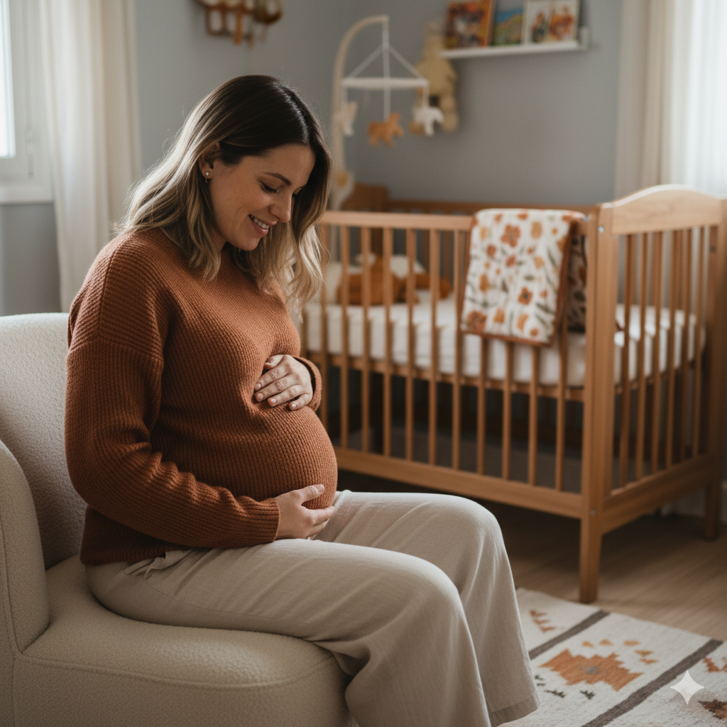 Smiling pregnant woman seated in a nursery with a wooden crib and decor, hands on her belly, conveying calm and maternal support.