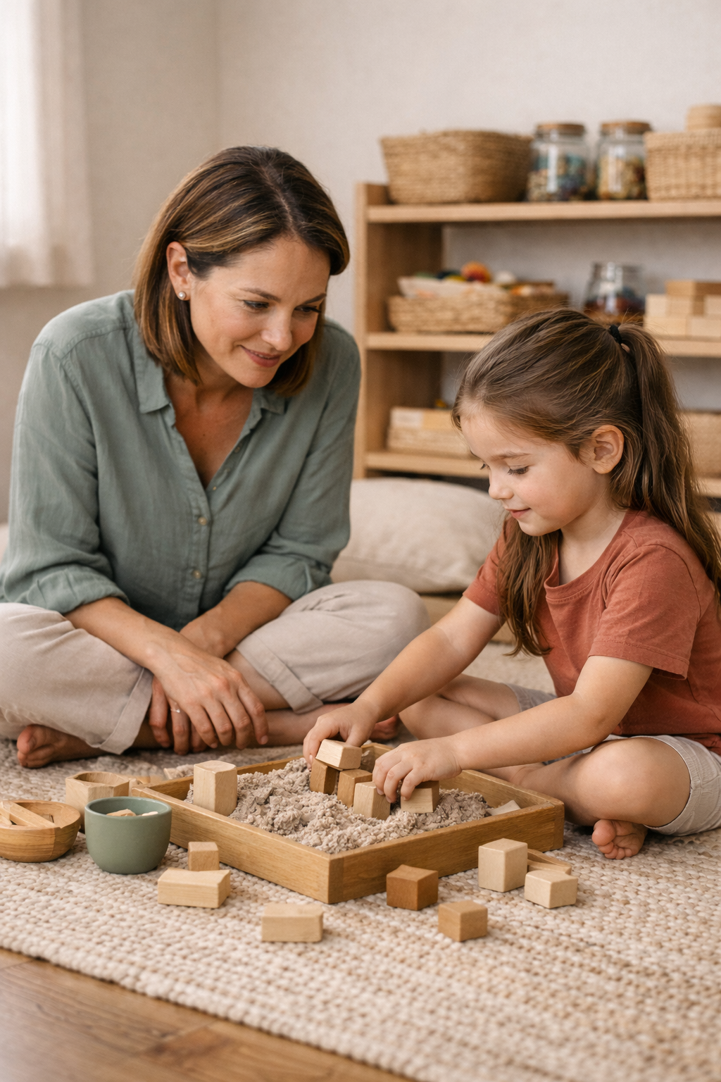 Therapist working on the floor with a young child engaged in play, demonstrating a relational, child-led interaction in a bright therapy room.