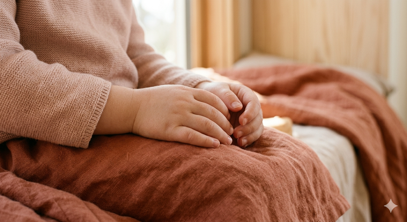 A close-up of a child's hands resting still in their lap, slightly curled.