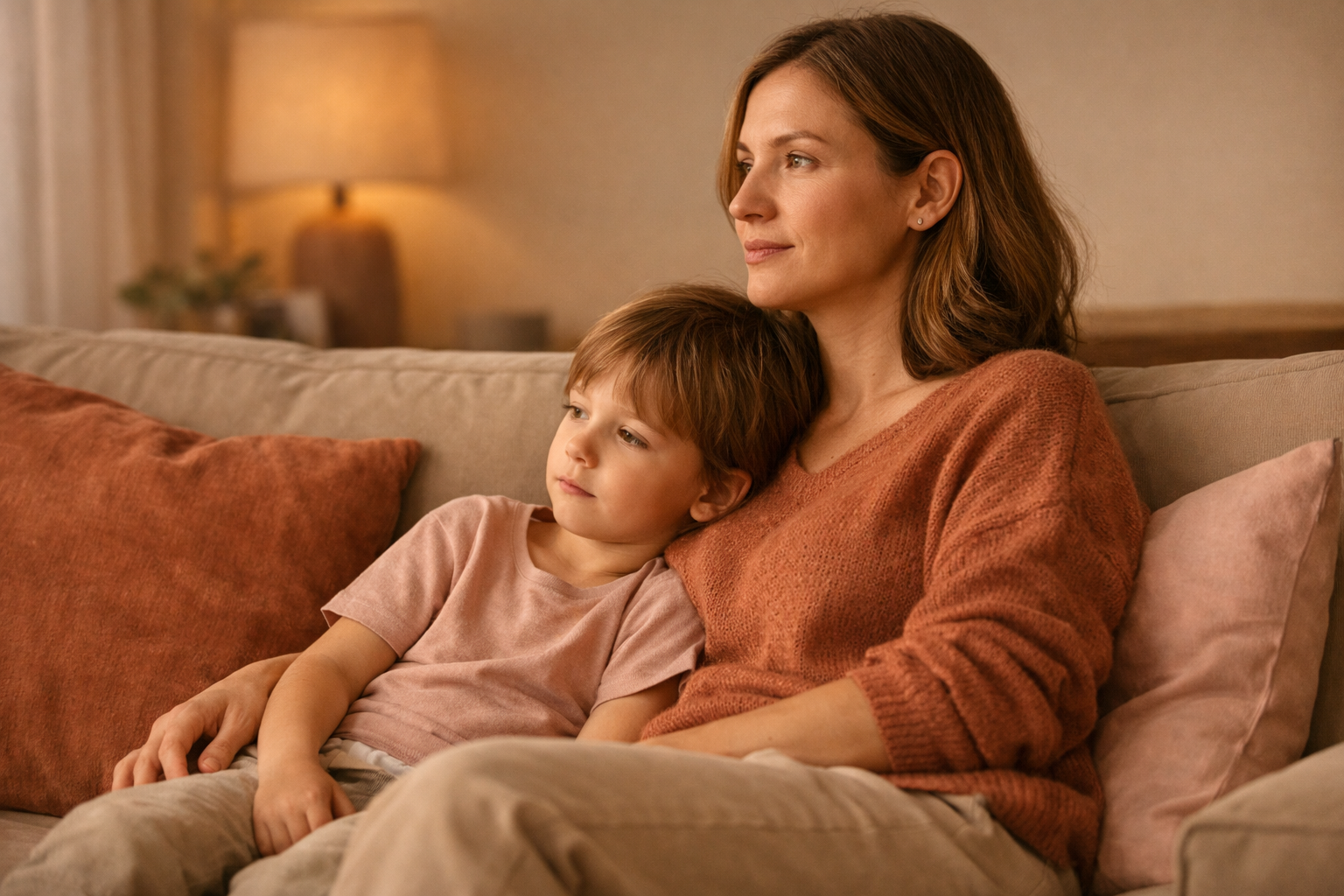 A mother and child sitting together on a couch. The child is leaning slightly against the mother, both looking in the same direction rather than at each other.