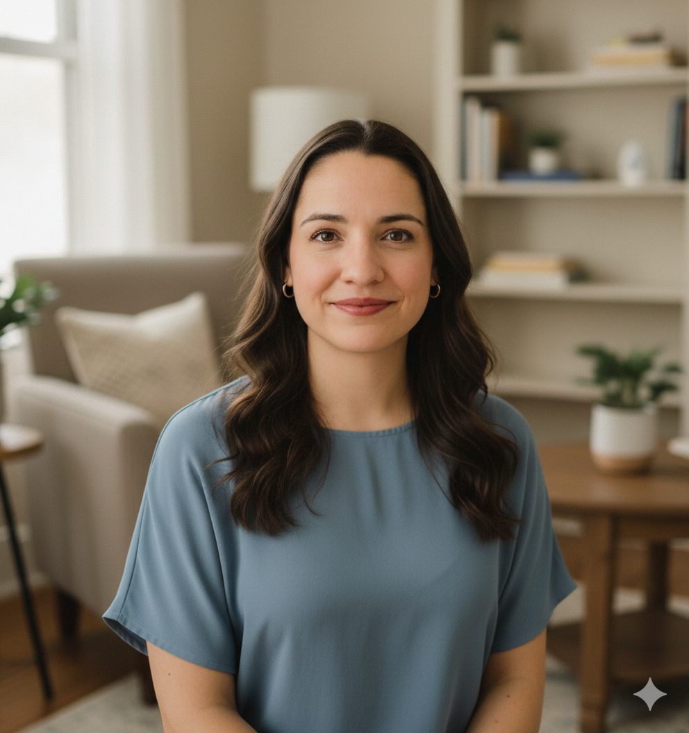 A woman therapist  with long dark hair wearing a light blue top and small hoop earrings is smiling. She is sitting in a Therapy  room with beige walls, a white bookshelf, and a beige sofa with pillows in the background.