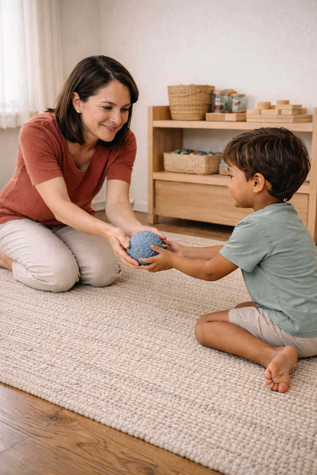 Child interacting with a therapist during floor-based developmental play, illustrating connection-focused therapy rather than behavior-only interventions.