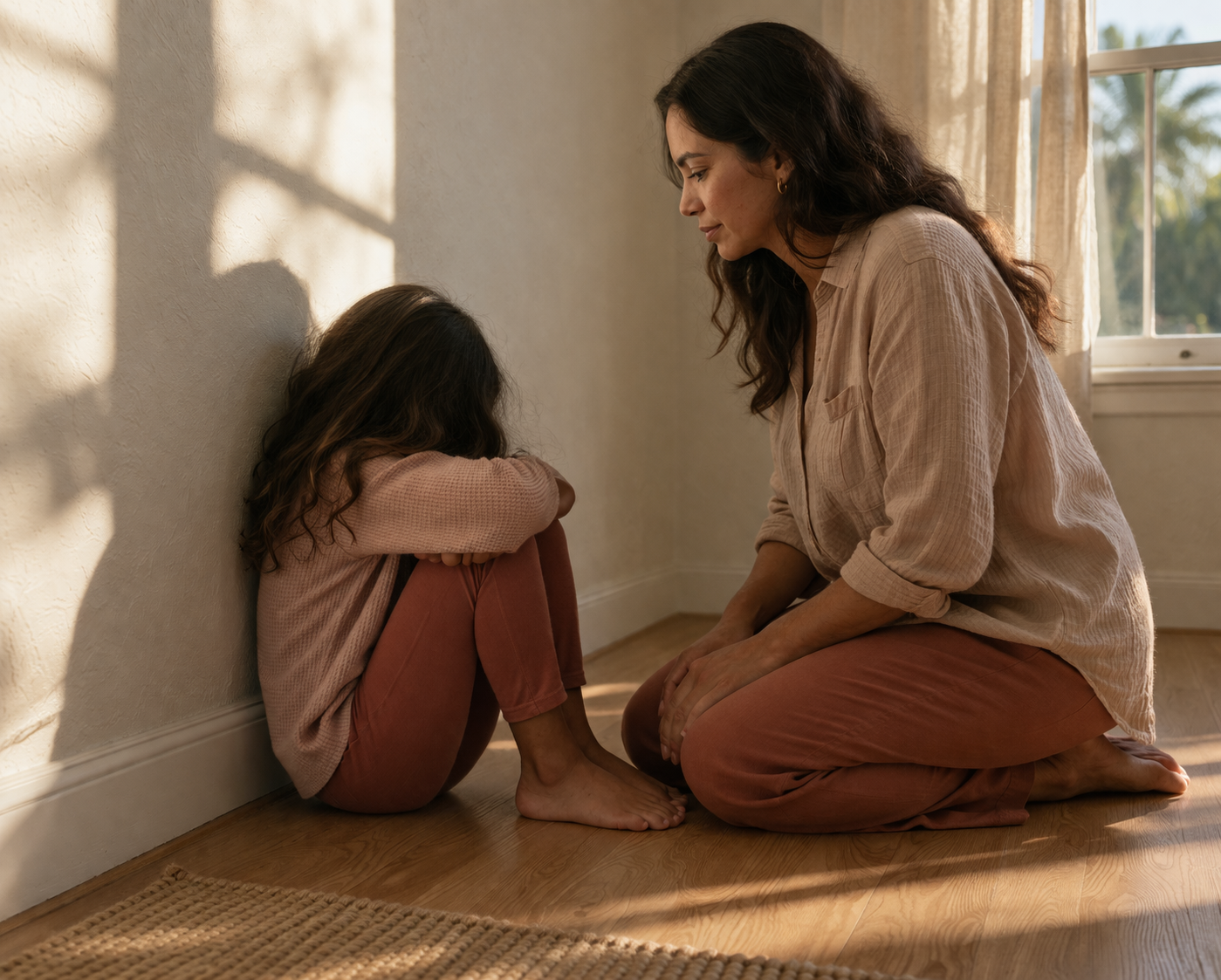 A mother kneeling on a wooden floor next to a young child who is sitting with their back against a wall, knees drawn in, face turned away.
