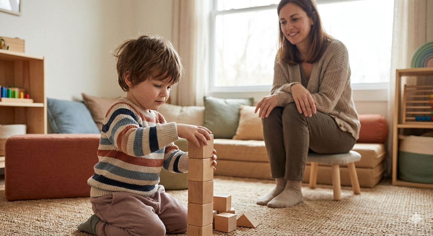 A young boy and a woman, possibly his mother, playing with wooden building blocks in a cozy living room. The boy is stacking blocks while the woman sits on a small chair smiling at him.
