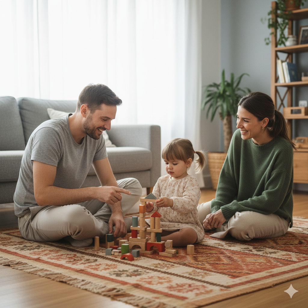 Parents and child playing with blocks together in their living room
