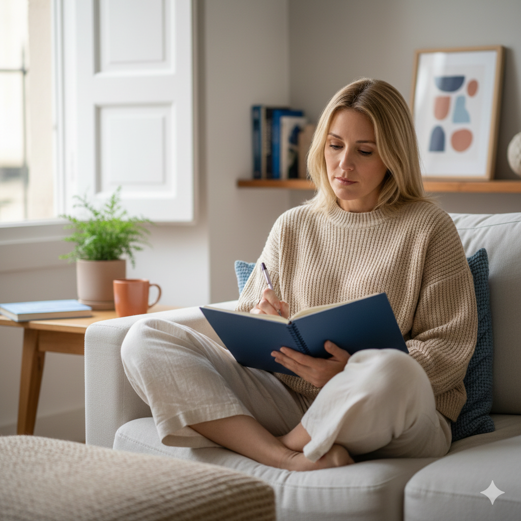 A woman sitting on a white sofa, writing in a notebook, in a cozy living room with a potted plant, a cup, and framed artwork in the background.