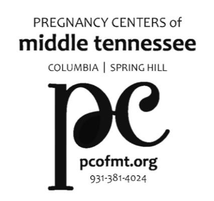 Black text on a white background promoting Pregnancy Centers of Middle Tennessee in Columbia and Spring Hill, with the PFC logo and contact information.
