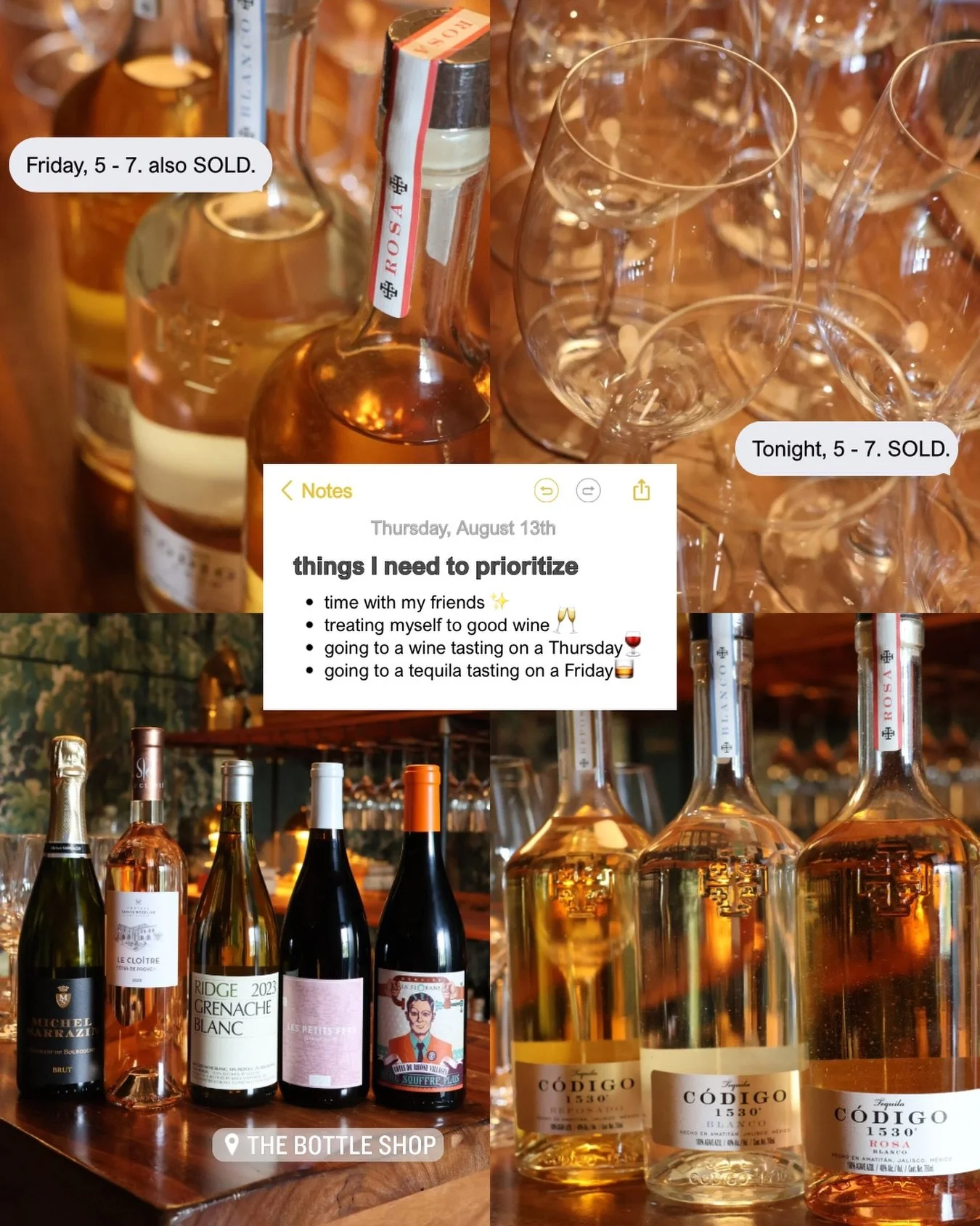 Wine tonight. Tequila tomorrow. 🍷➡️🥃

We don&rsquo;t make the rules. We just make the weekend plans.

🍷 TONIGHT: Wine Tasting | 5&ndash;7
🥃 FRIDAY: C&oacute;digo Tequila Tasting | 5&ndash;7

Two nights. Two tastings. One very well-prioritized wee
