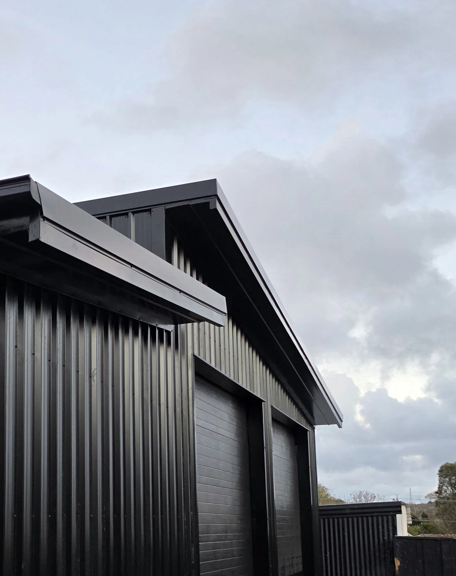 Black modern building with vertical metal siding and two garage doors, under a cloudy sky.