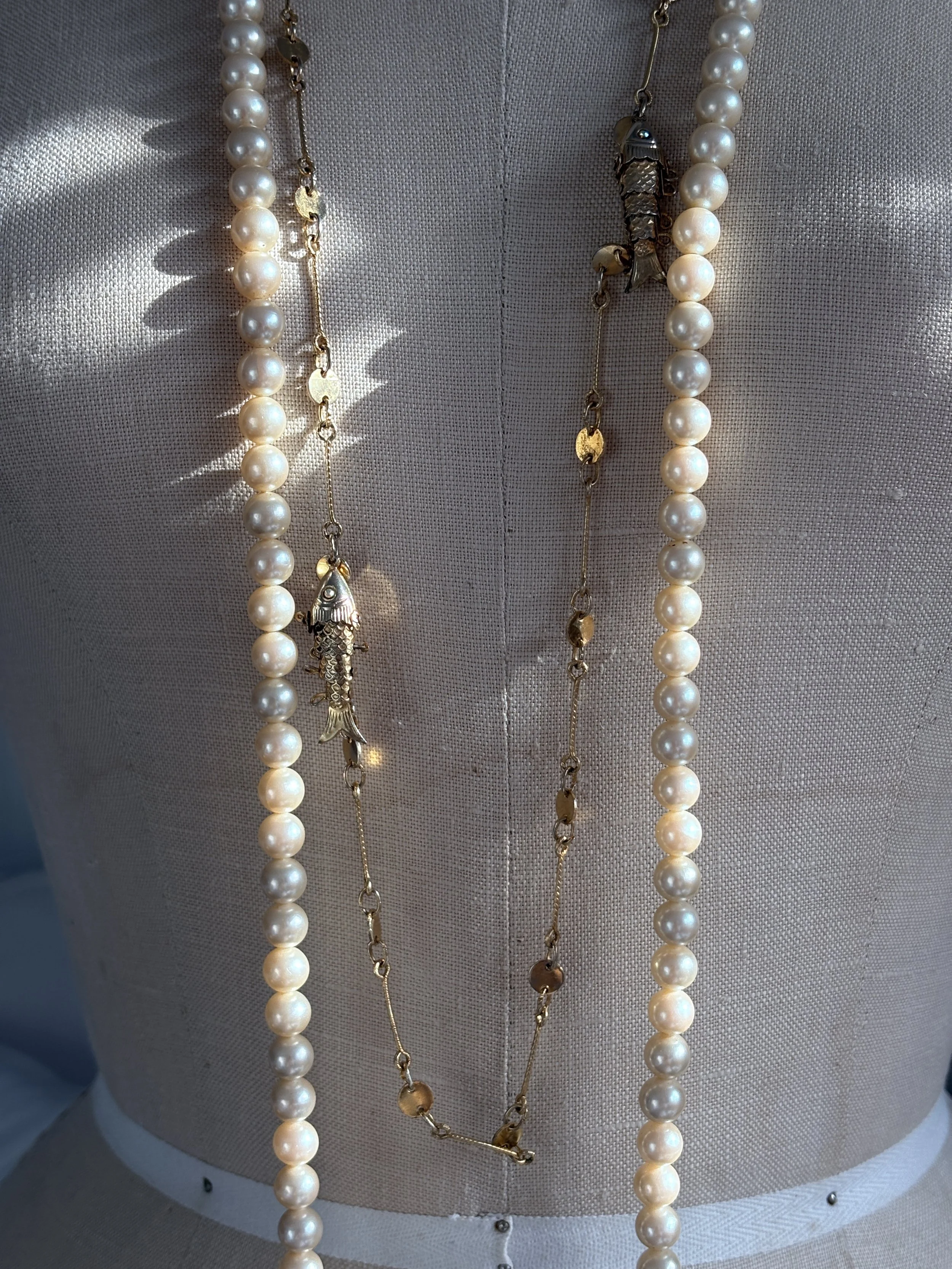 Vintage 52" Articulated Fish Charm Necklace | Long Disc-Link Chain Statement