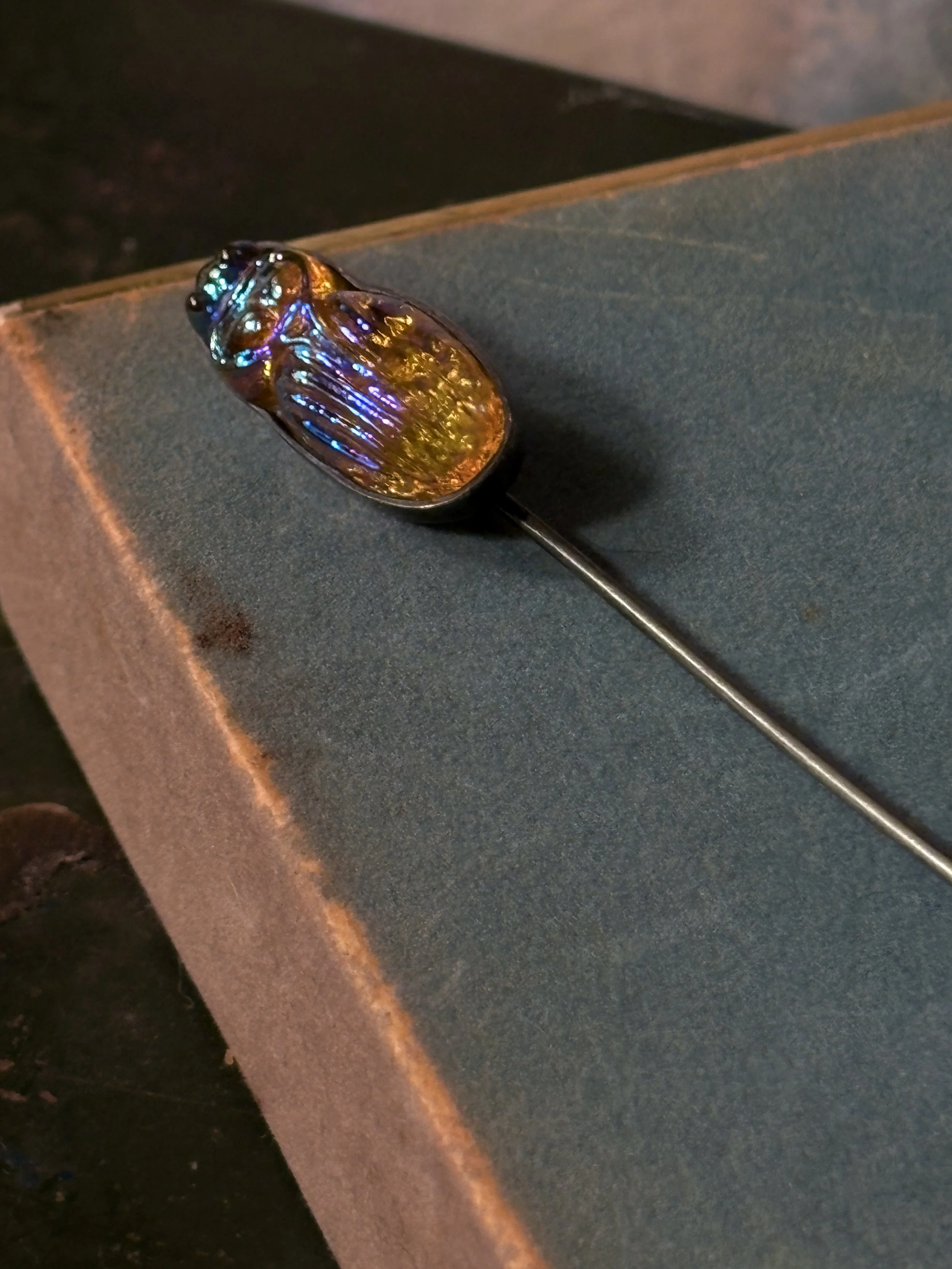 Iridescent Glass Scarab Stick Pin (Mid-20th Century)