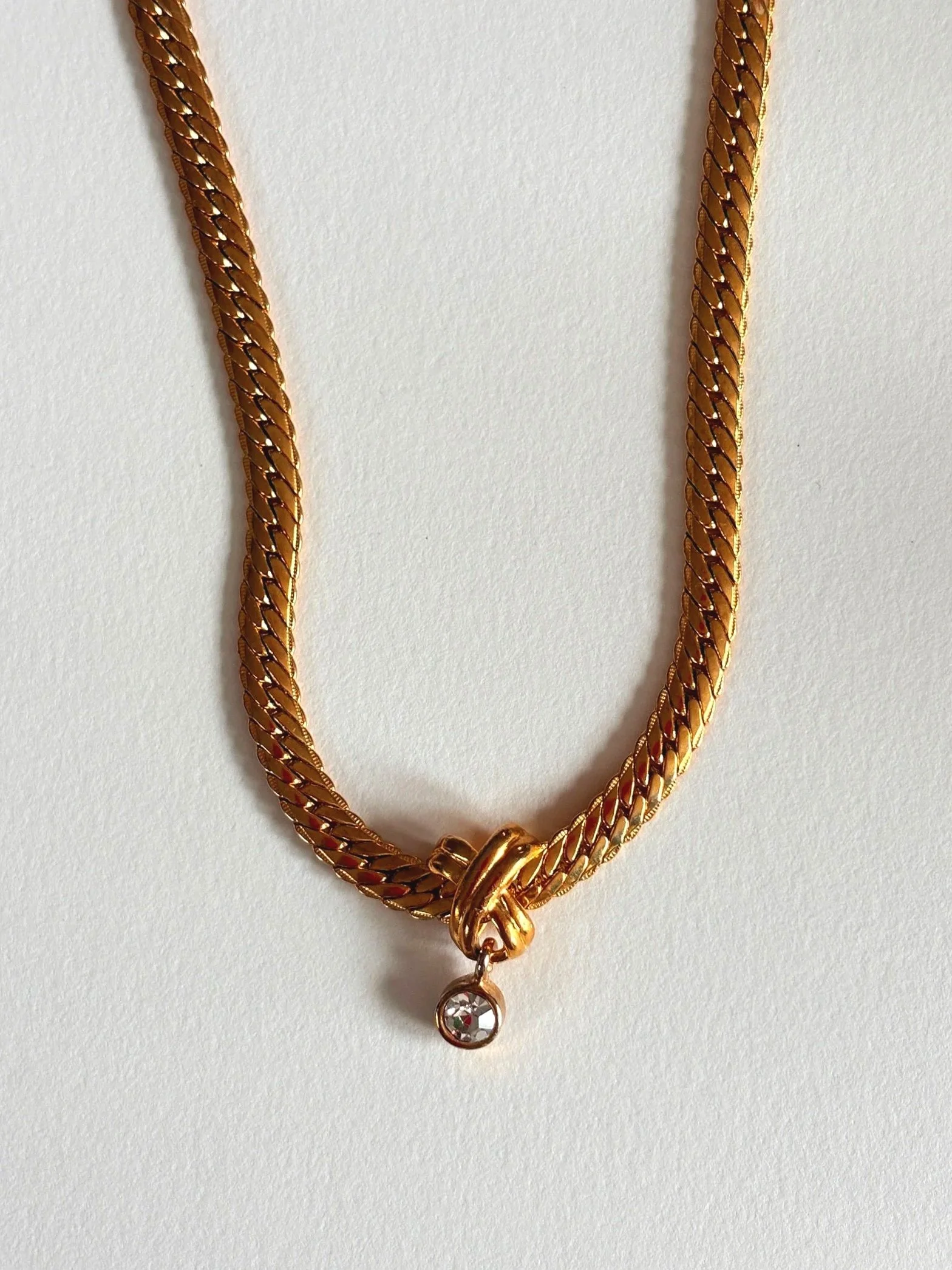 Vintage Gold-Tone Herringbone Necklace with Crystal Drop Accent