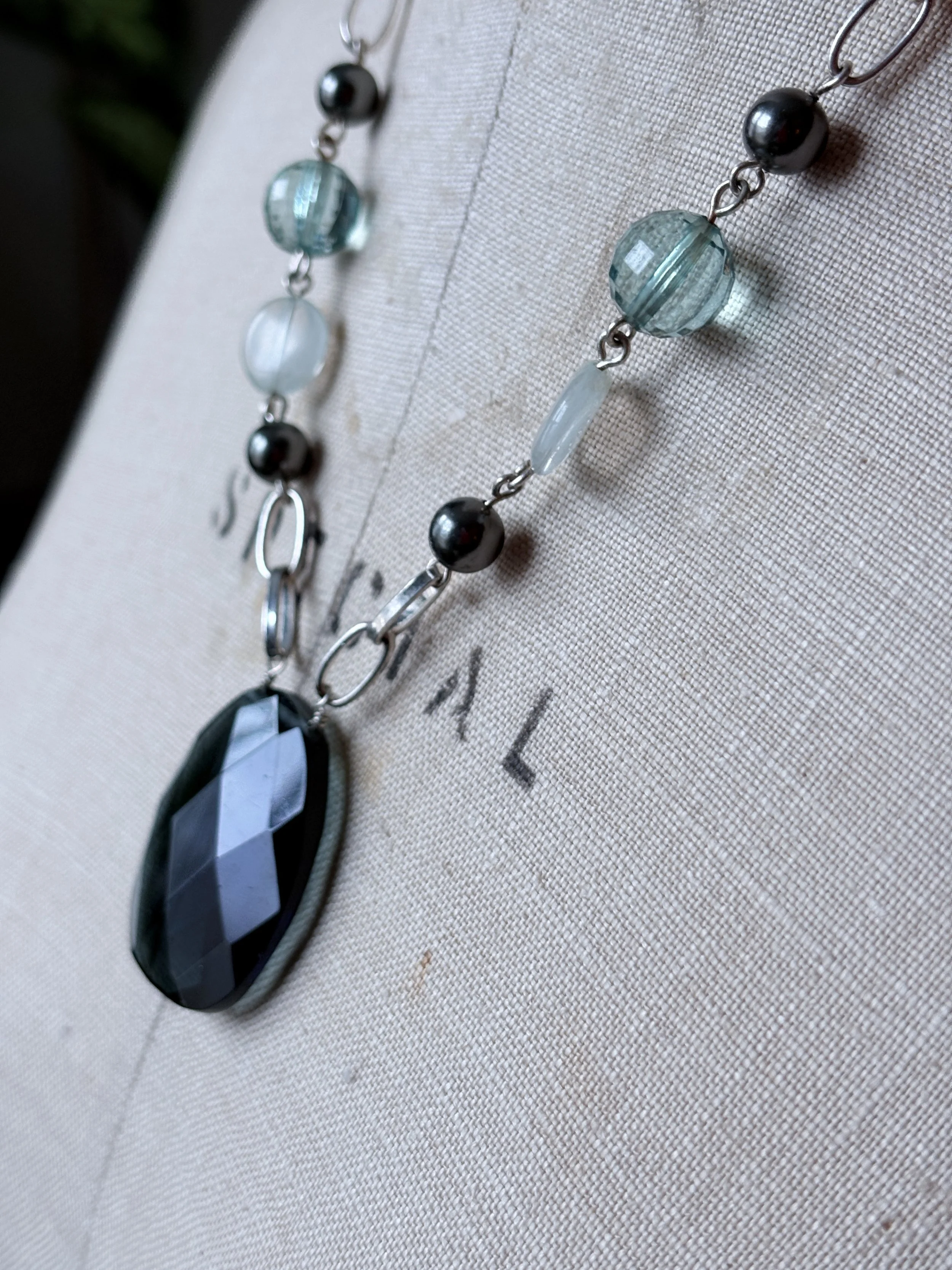 Silver-Tone Chain Necklace with Aqua Glass Beads & Faceted Black Glass Pendant