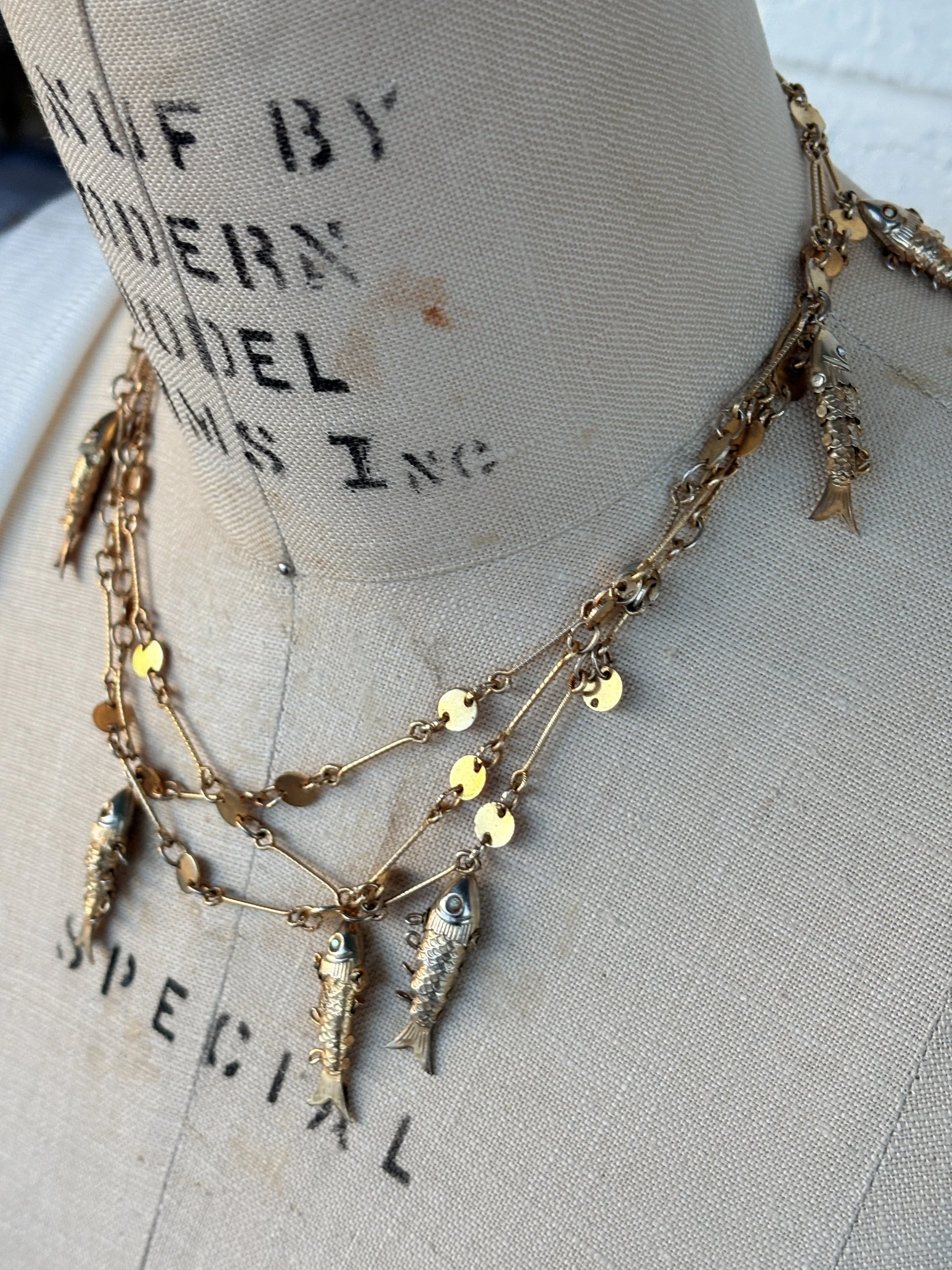 Vintage 52" Articulated Fish Charm Necklace | Long Disc-Link Chain Statement