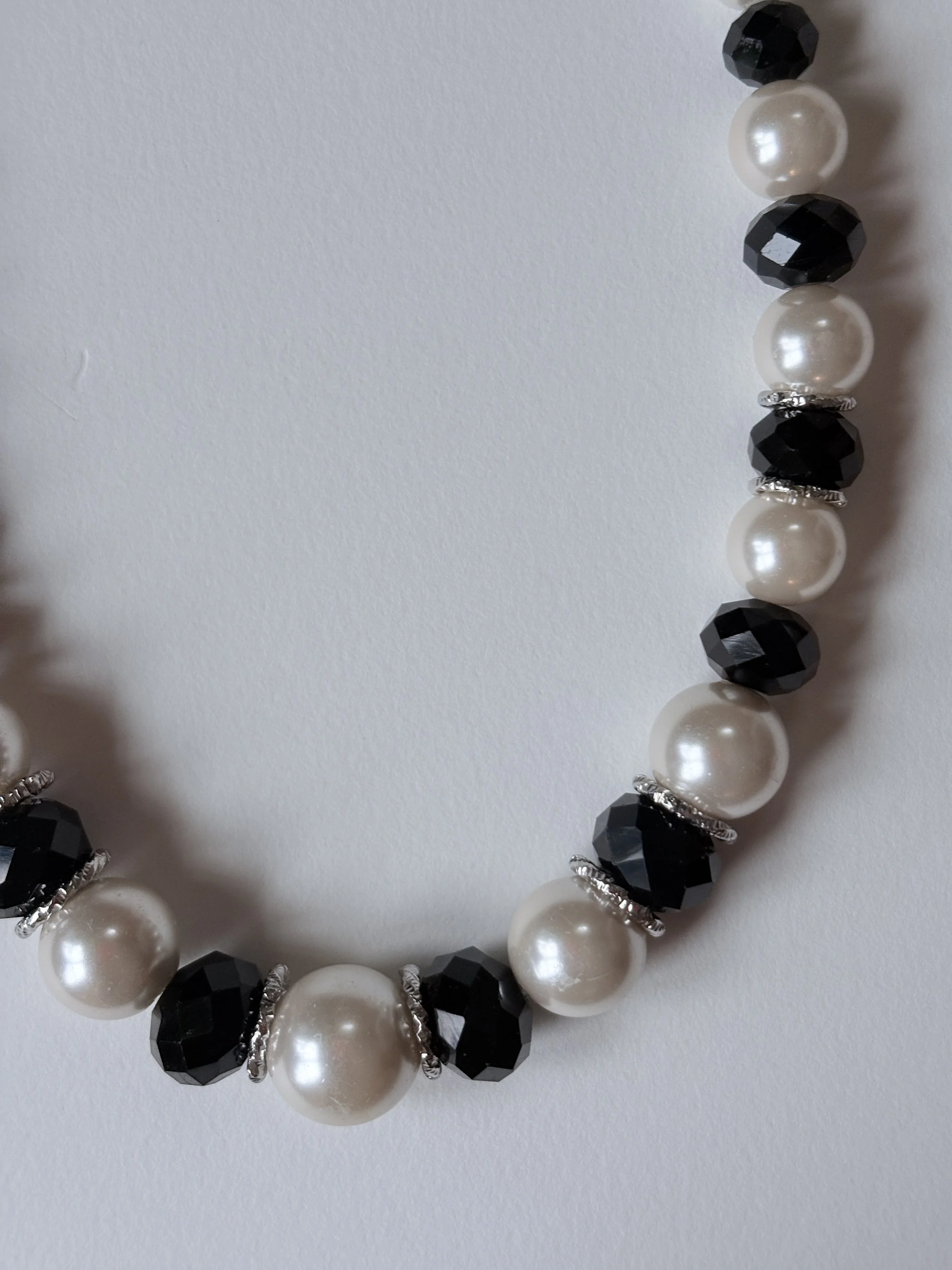 Vintage Black Crystal & Faux Pearl Strand Necklace