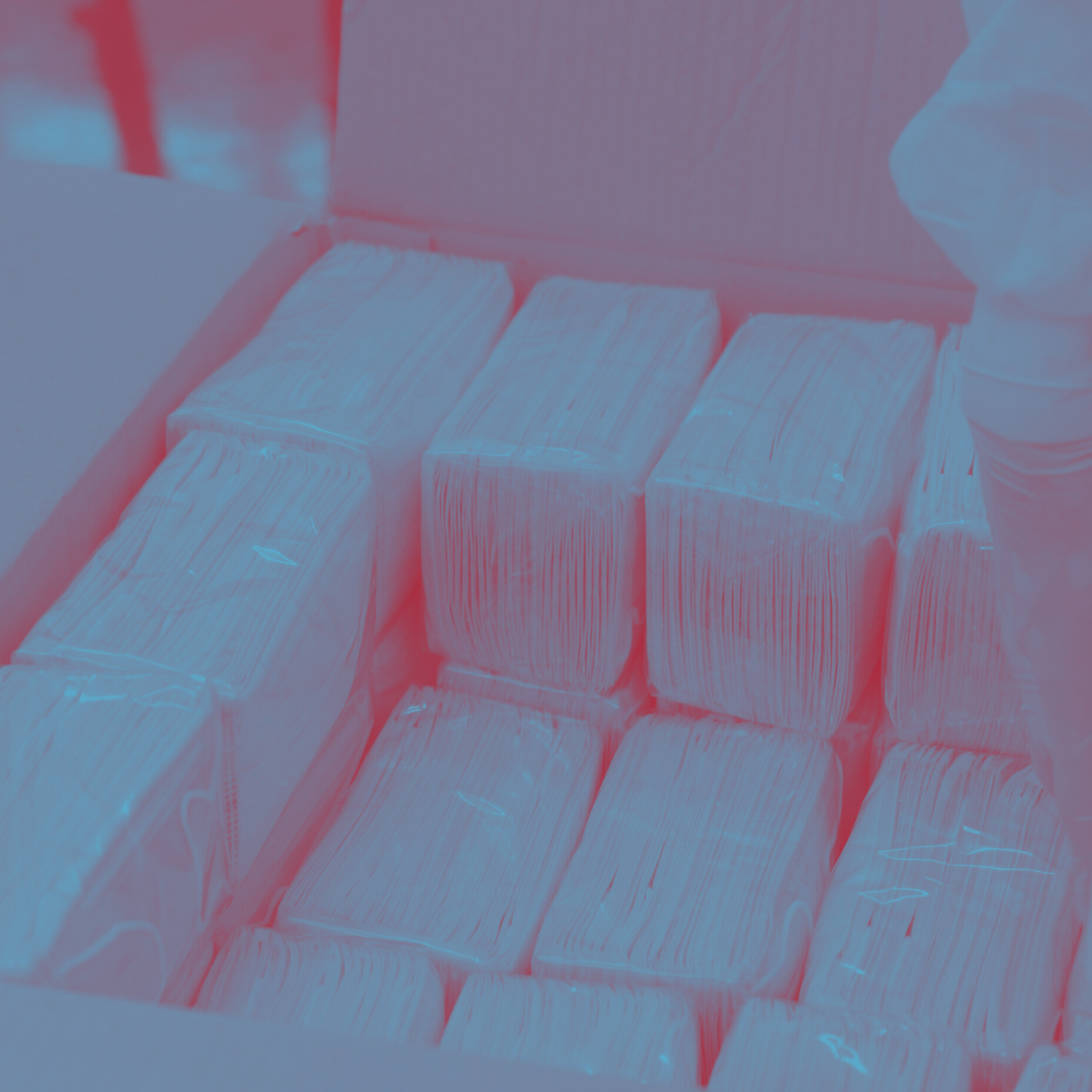 A box containing face masks for hospital use.