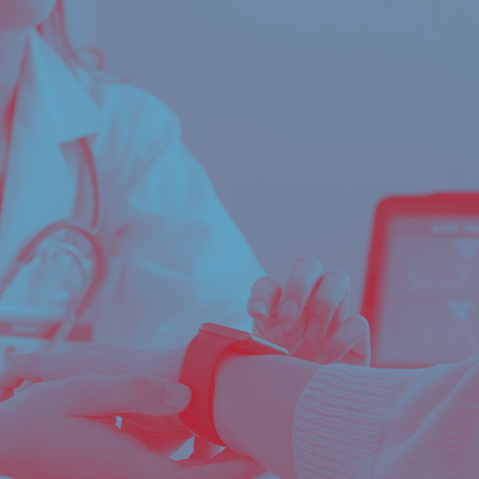 A healthcare professional is using a medical device, possibly a smartwatch or fitness tracker, to monitor a patient's vitals.