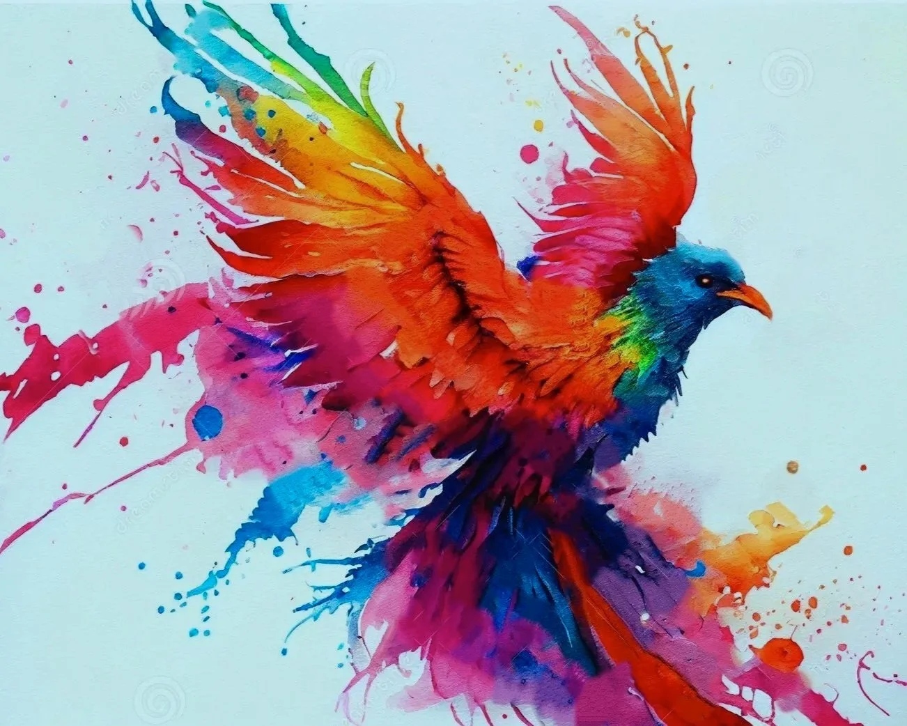 Colorful watercolor painting of a bird with bright red, orange, blue, green, and purple feathers, depicted with splashes and strokes on a light background.