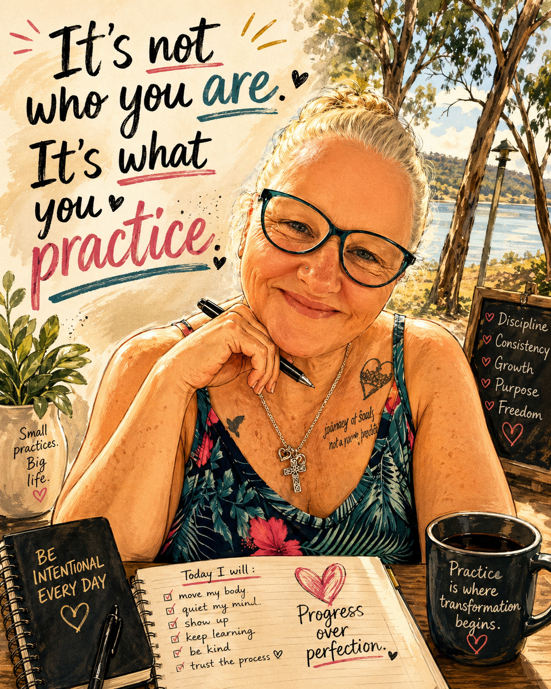 Happiness Life Coach, A smiling woman with glasses and tattoos sitting at a table outdoors by a lake, with motivational posters and a journal promoting self-improvement and mindfulness.
