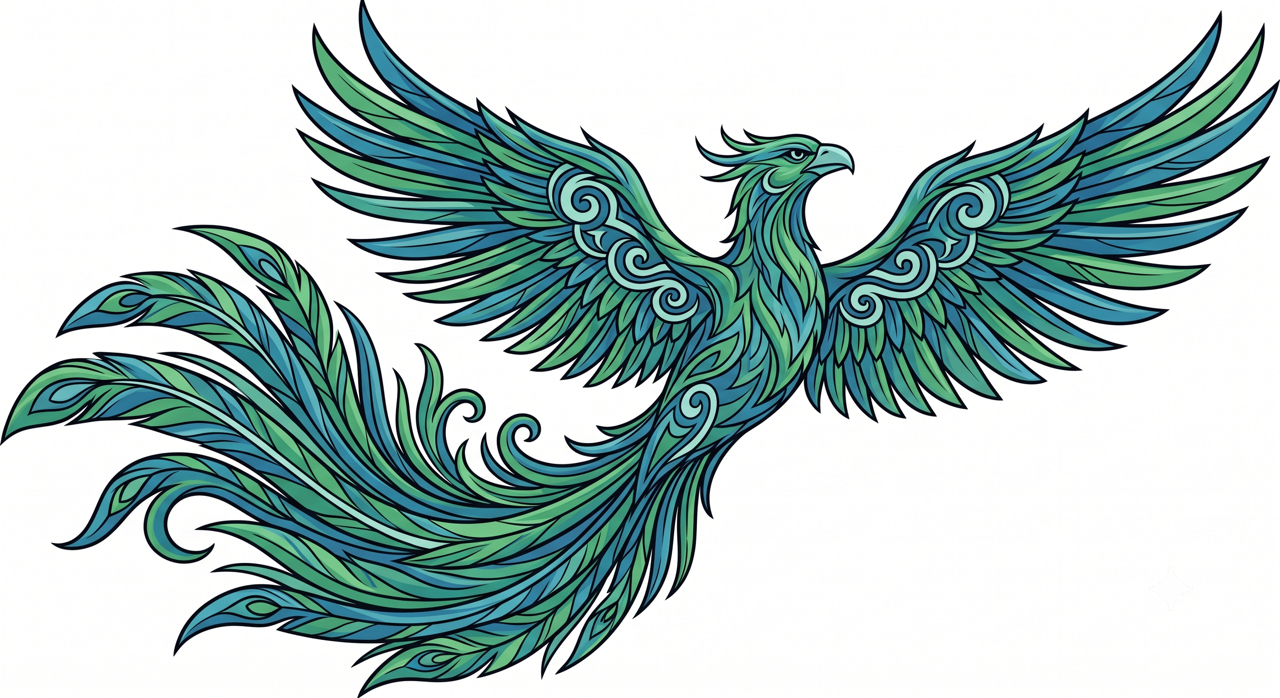 A colorful, stylized illustration of a phoenix with outstretched wings, intricately detailed with swirling patterns and shades of blue and green.