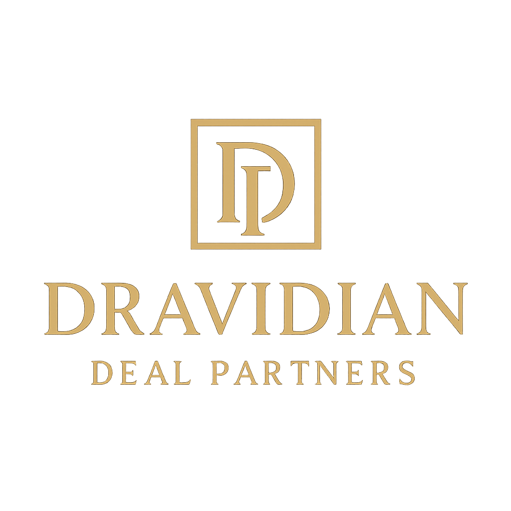 Logo for Dravidian Deal Partners featuring a stylized 'D' inside a square with the company name beneath in gold lettering.