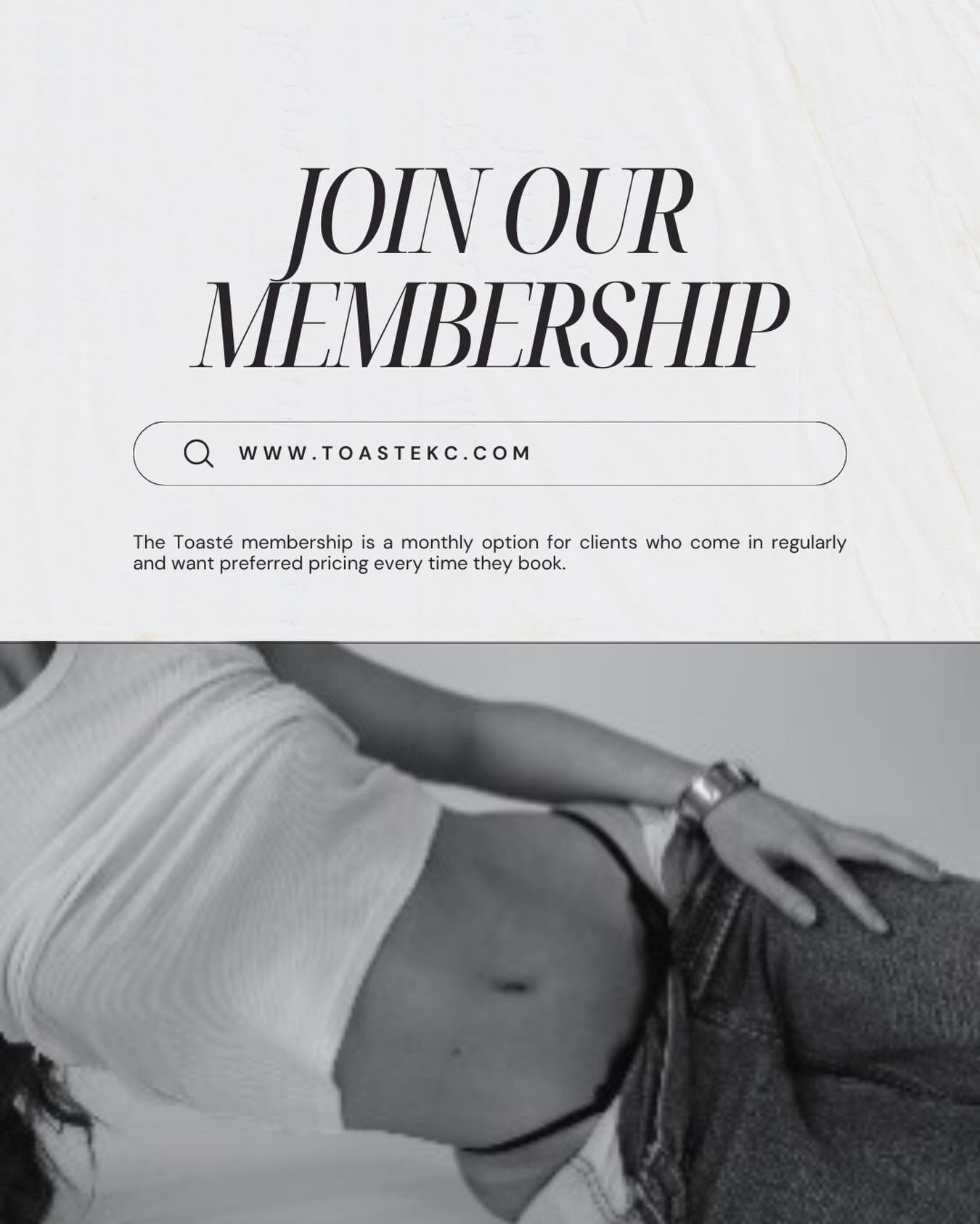 UNLIMITED TANS EVERY MONTH!

The Toast&eacute; Membership is a monthly option for clients who come in regularly and want elevated maintenance without the full price tag each visit. 

Members receive 50% off all spray tans, priority booking, and compl
