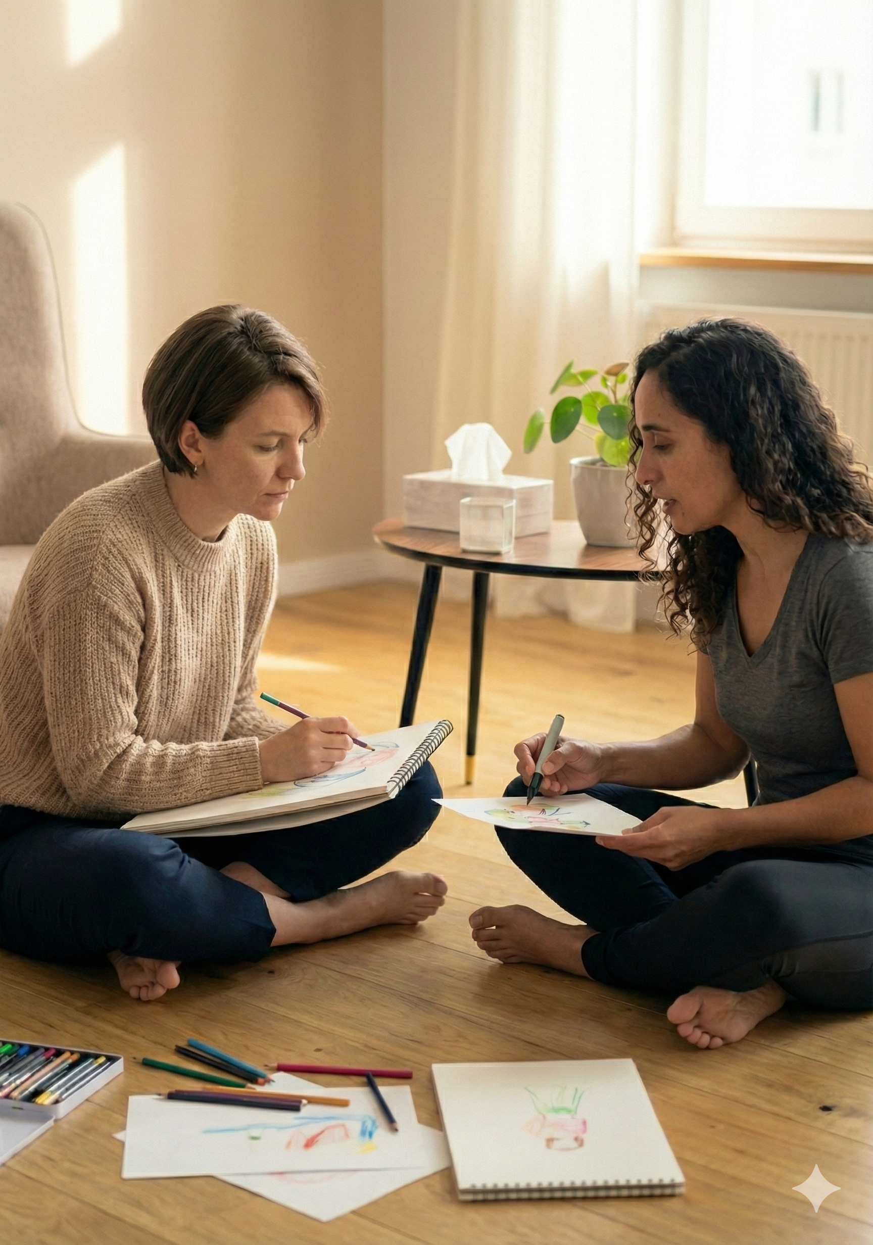 Two women sitting on a wooden floor, drawing with colored pencils on paper, surrounded by art supplies in a cozy, well-lit room.