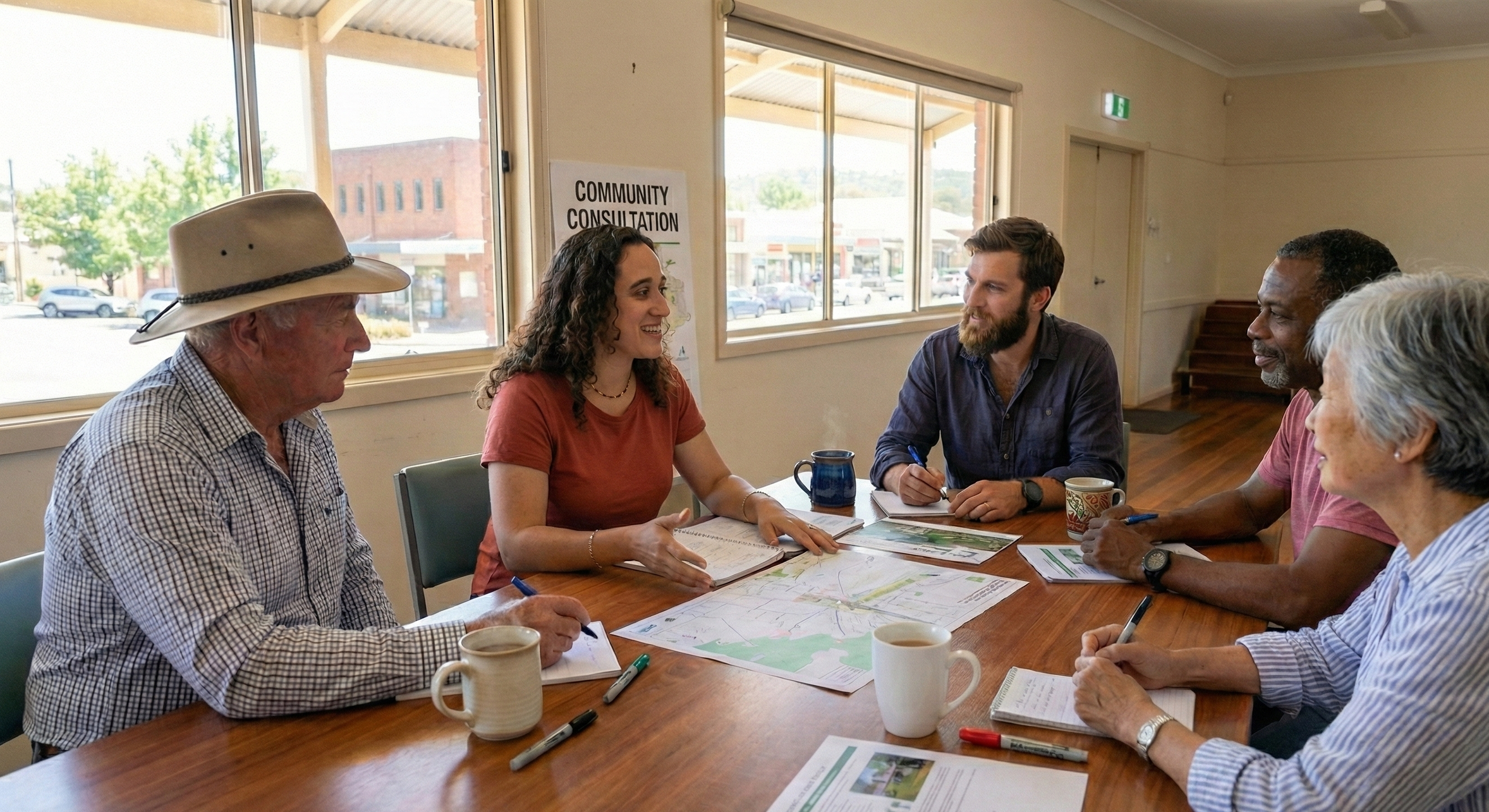 Group of six diverse adults sitting around a wooden table in a community meeting room, engaged in discussion with documents and maps, with large windows and a community consultation sign in the background.