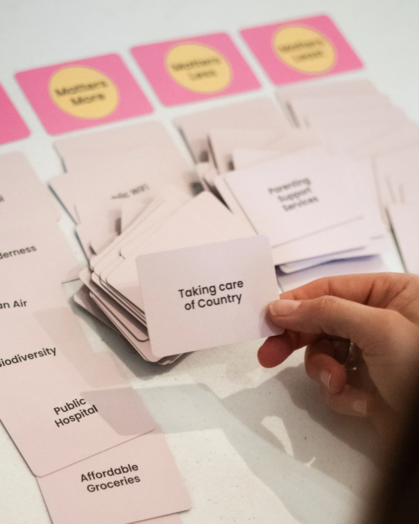 Person holding a card that reads 'Taking care of Country' surrounded by various cards and game pieces related to community and environment.