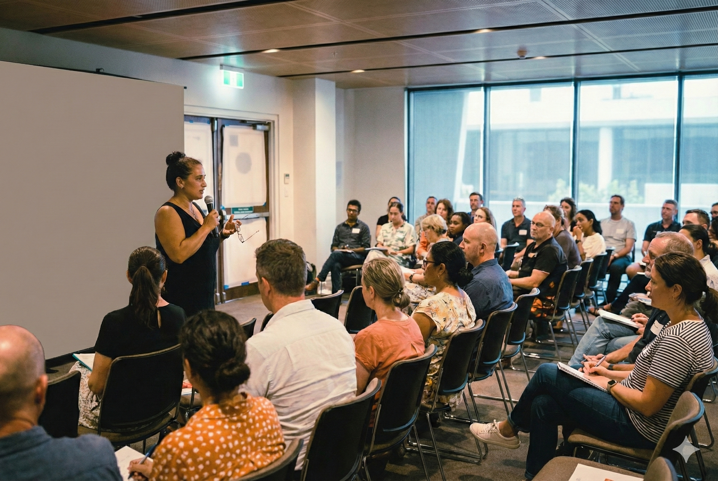 Woman standing and speaking into a microphone during a conference or seminar, with an attentive group of diverse adults seated and listening in a modern conference room.