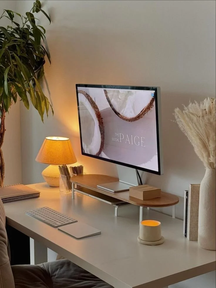 A modern workspace with a computer monitor displaying 'The Scoop Paige,' a desk lamp, a potted plant, a keyboard, a closed notebook, a wooden box, a cup with a coaster, and decorative dried plants in a vase.